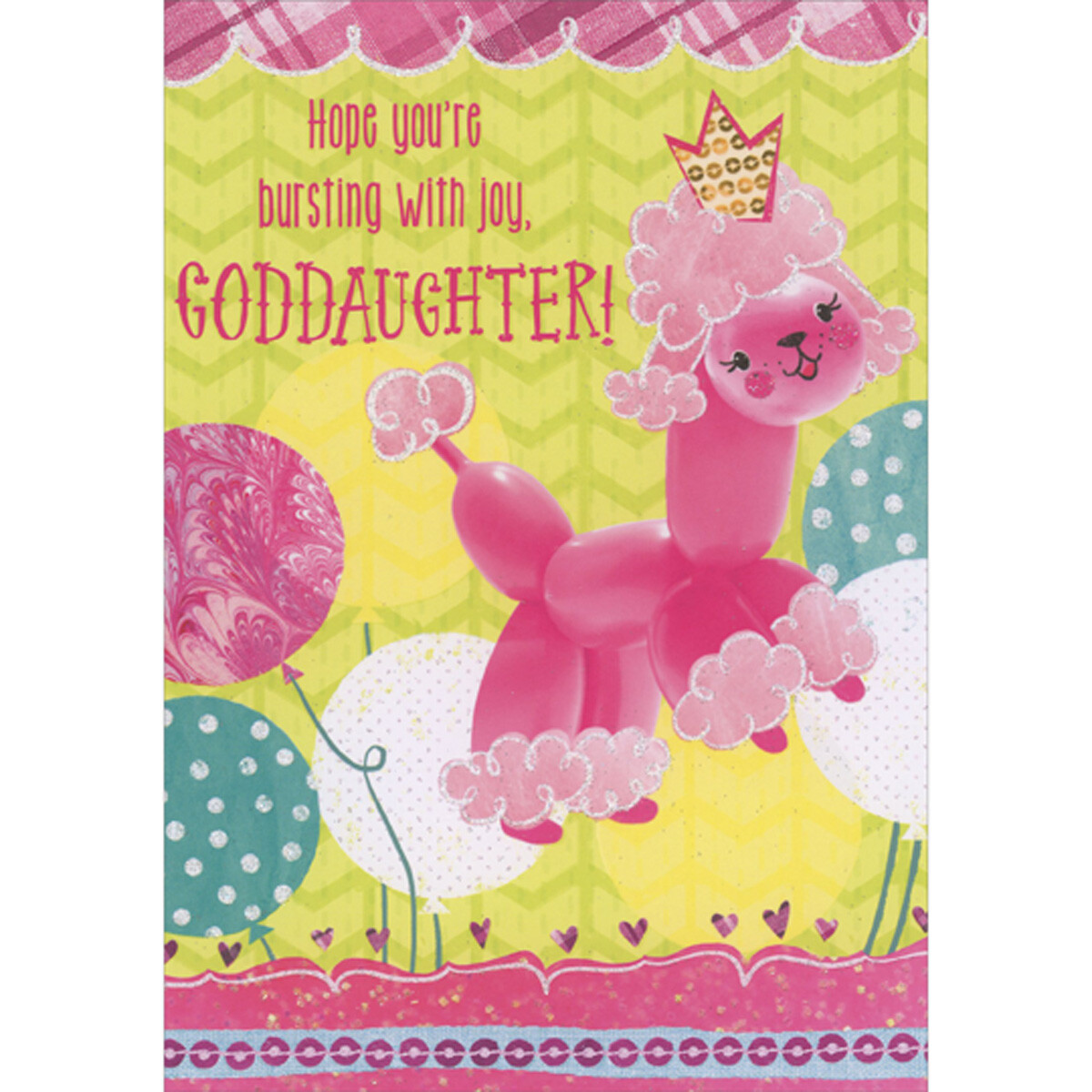 Pink Balloon Animal Poodle Wearing Crown Valentine’s Day Card for Goddaughter