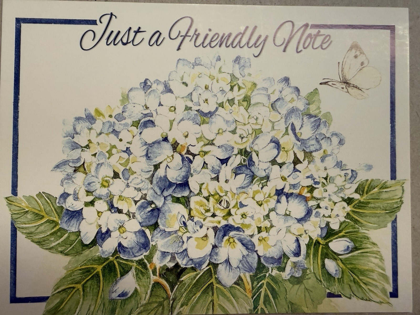 “Just A Friendly Note” – blue & white – BLANK Notecard- approx 4.25″ X 5.5″