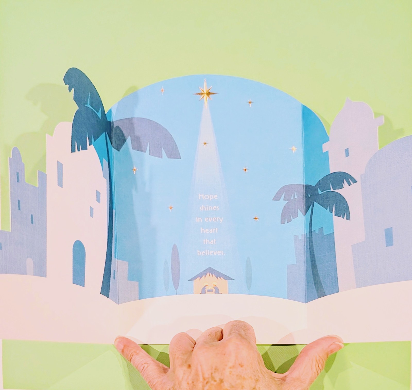 NEW Hallmark Christmas Card Trifold Nativity HOPE SHINES IN EVERY HEART 5.5″x 8″