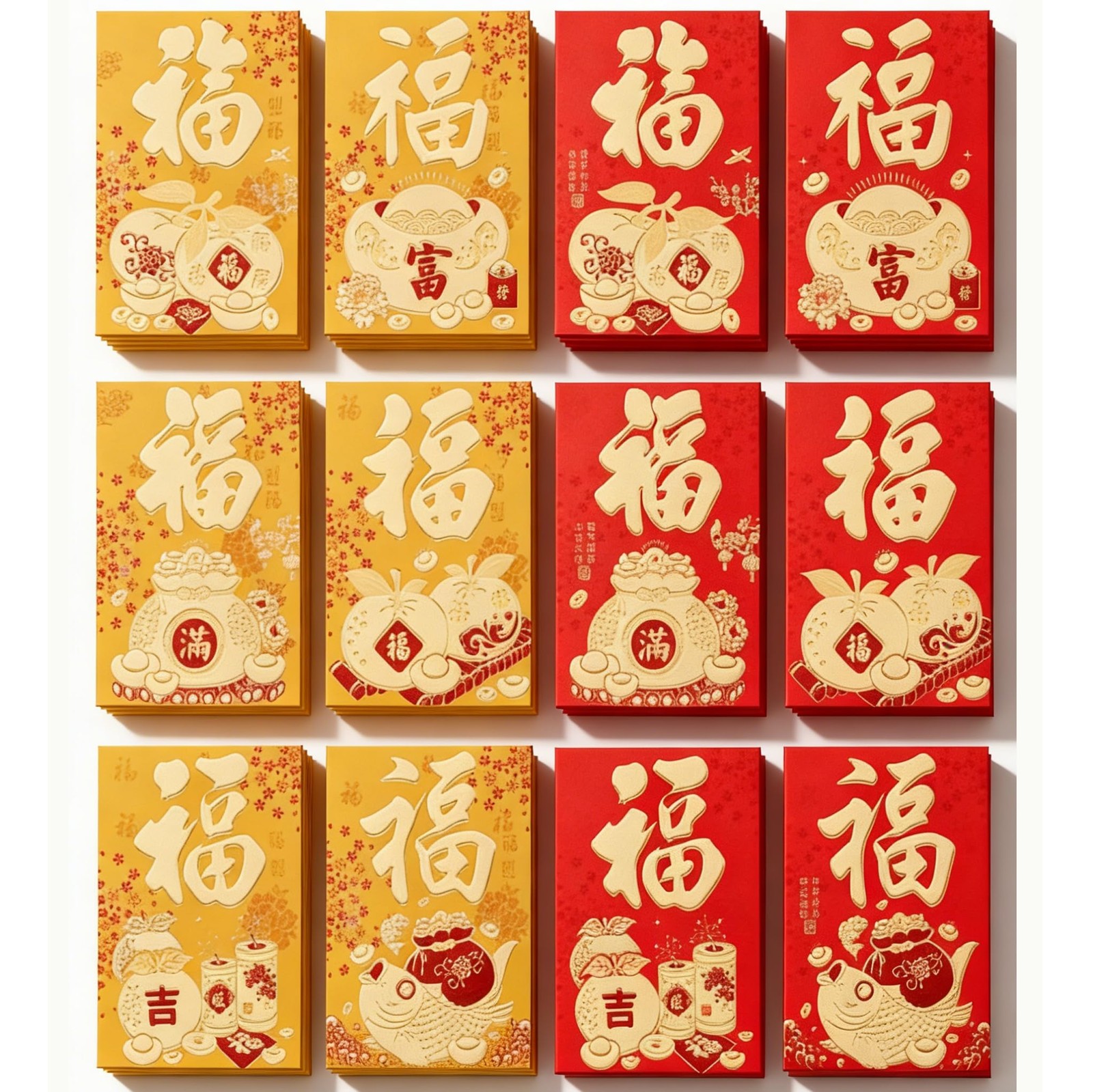 60 PCS Chinese New Year Red Envelopes Gold FU Hong Bao 4.53×3.15 Inch
