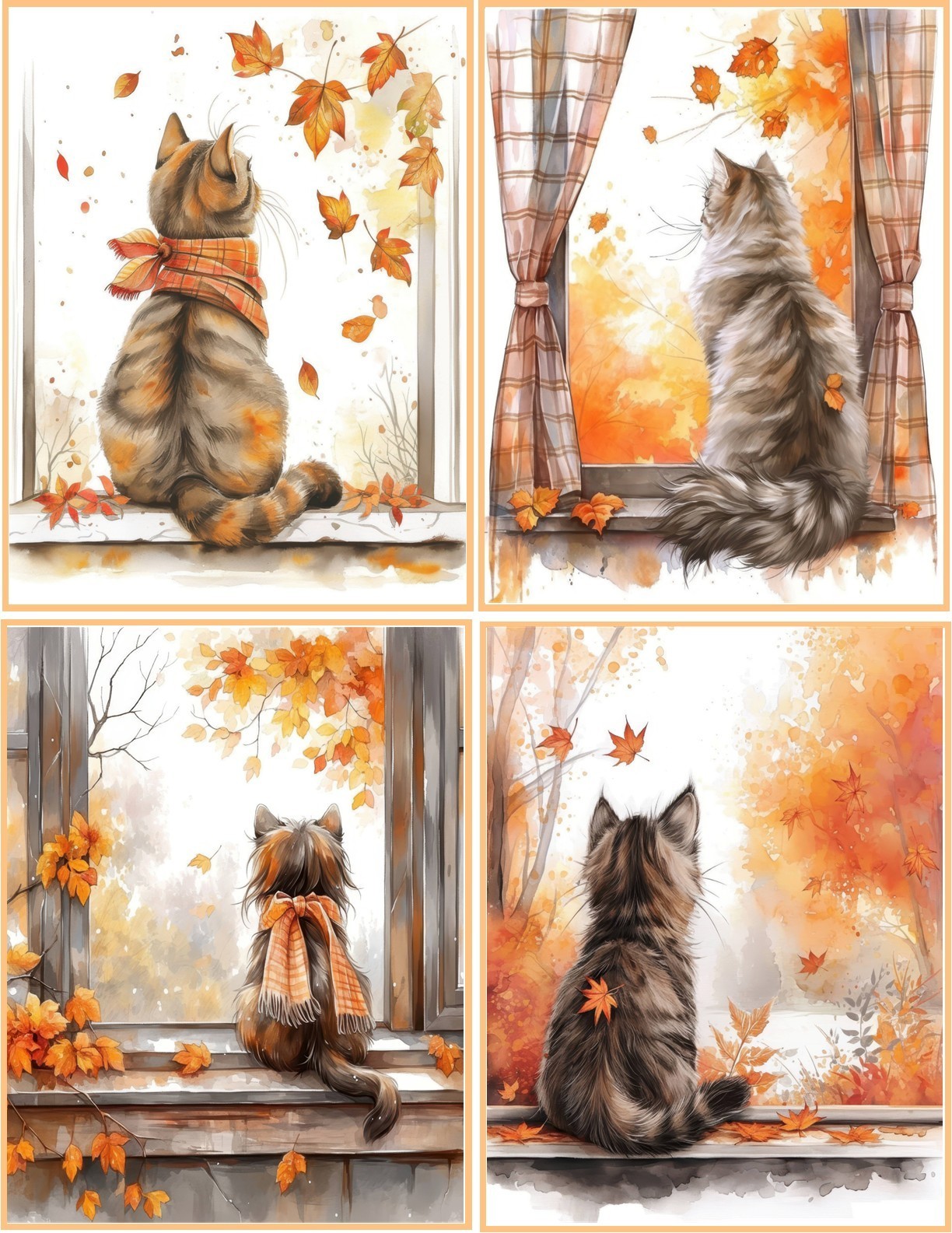 8 Cat Kitten Autumn Fall Window glossy blank fold out Note Card envelopes Set 1
