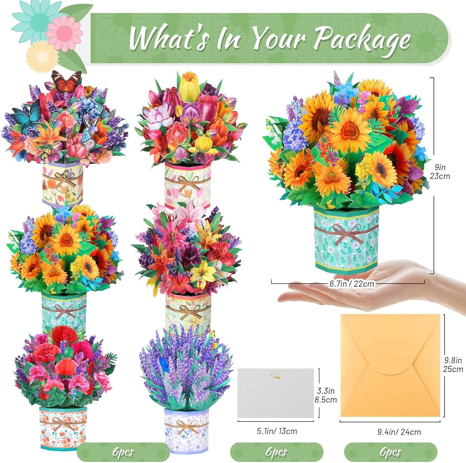 Colorful 3D Flower Bouquet Greeting Cards 6 Pack