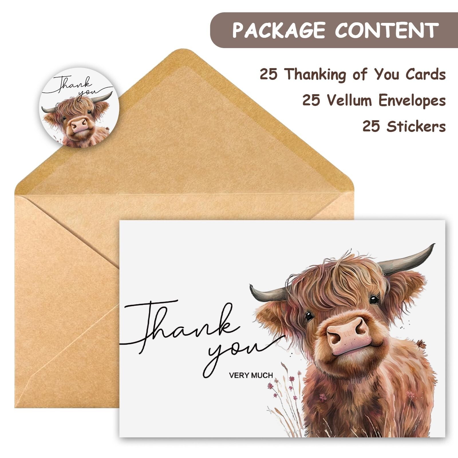 25Pcs Highland Cow Thank You Cards with Envelopes, 4×6 In Farm Cute Watercolo…