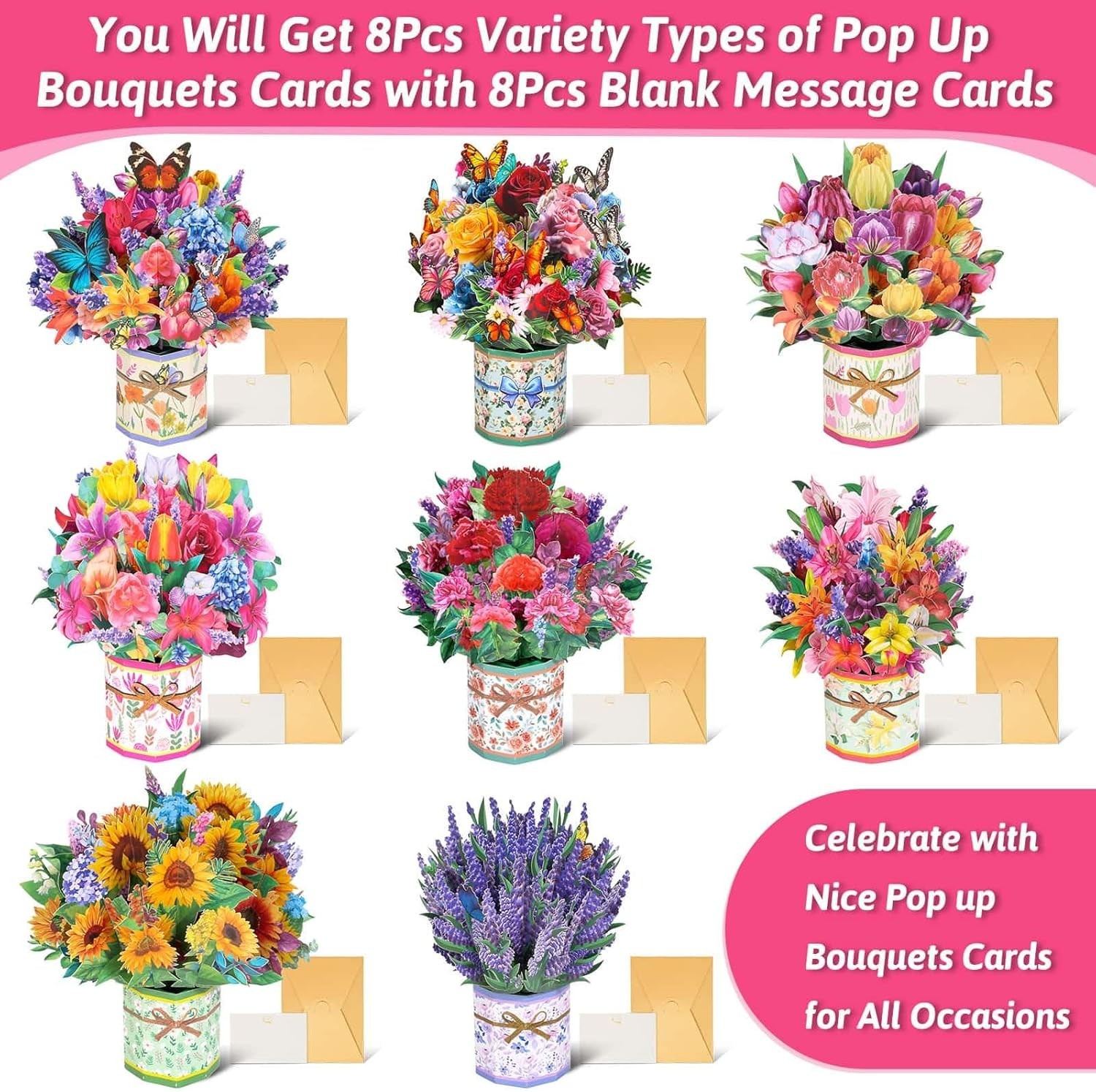 Assorted Flower Bouquet Pop-Up Cards, Perfect for Mother’s Day & More, 8 Count