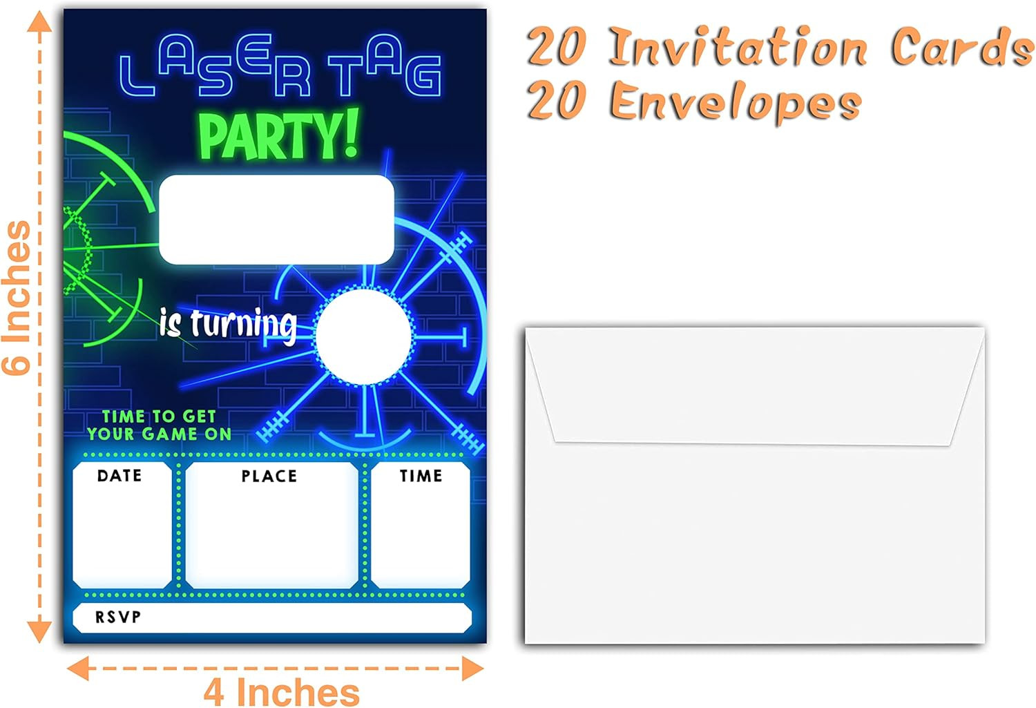 Neon Glow Laser Tag Birthday Party Invitations, 20-Count with Envelopes