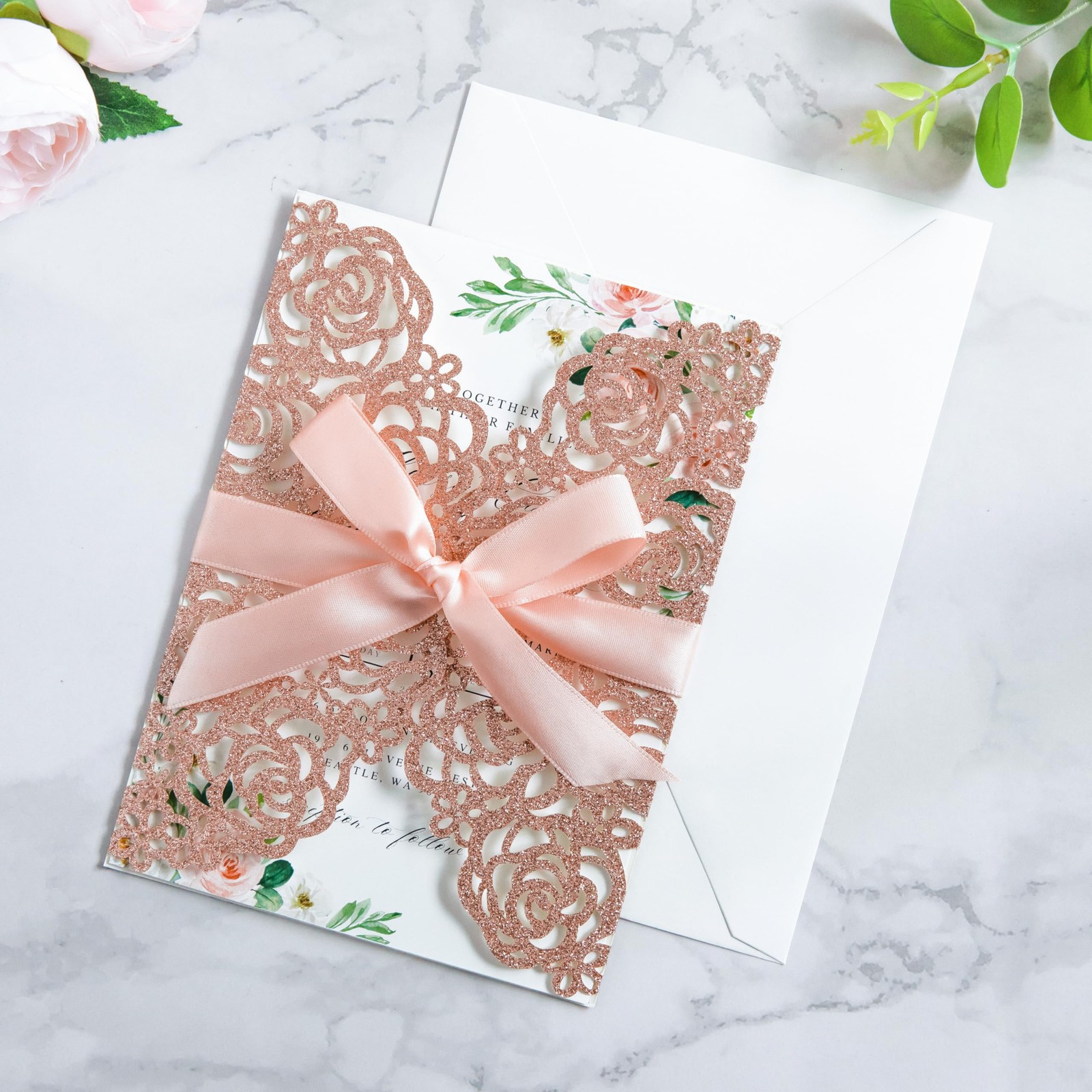 25 PCS 5.12×7.1 Inch Rose Gold Glitter Wedding Invitations Cards Envelopes