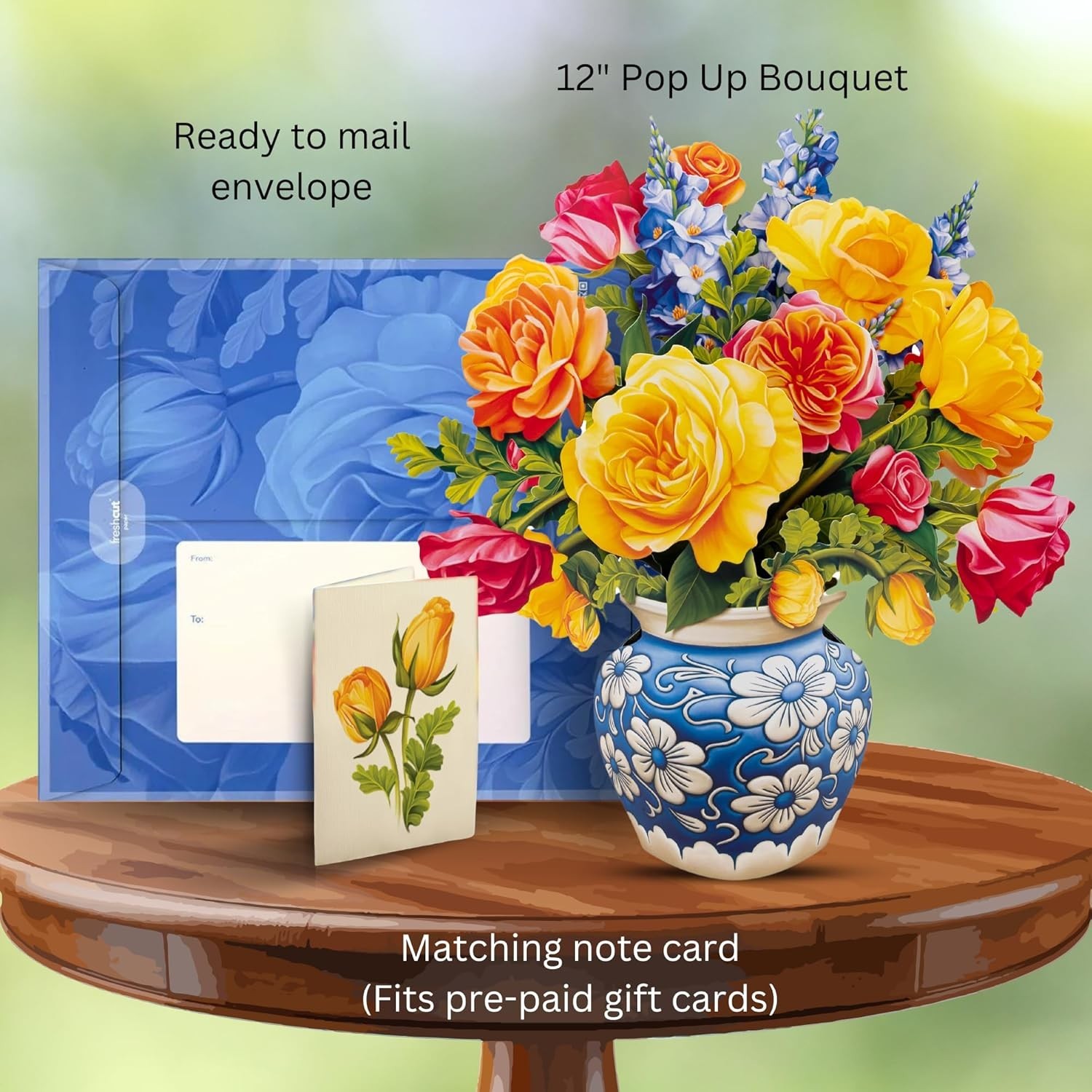 3D Pop Up Card Sorbet Roses 12 Inch Floral Gift with Blank Notecard and Envelope
