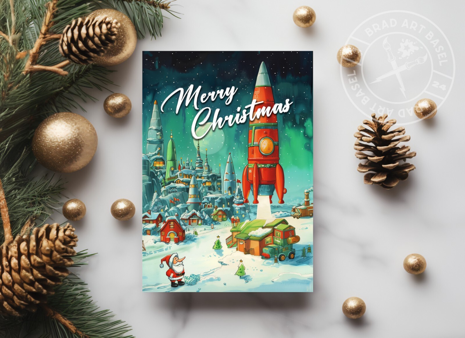 SANTA CLAUS CHRISTMAS Card 4.25X5.5 Matte Finish Choose Greeting MCM ROCKET SLED