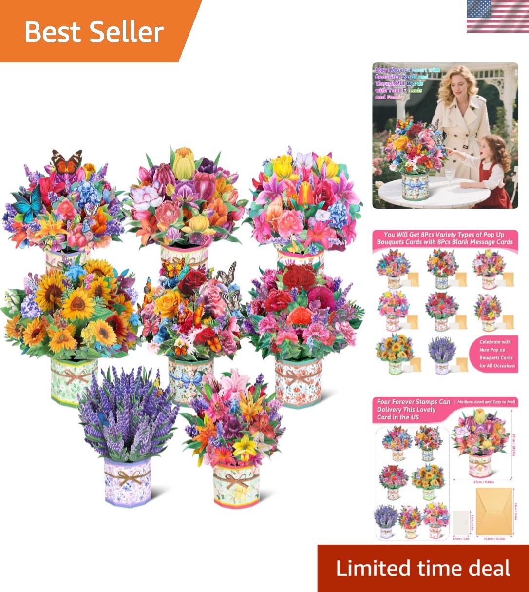 Assorted Flower Bouquet Pop-Up Cards, Perfect for Mother’s Day & More, 8 Count