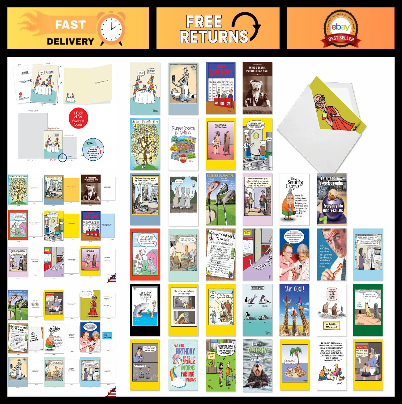 36 Assorted Funny Birthday Greeting Cards Bulk Set w/Envelopes – Edgy Humor for