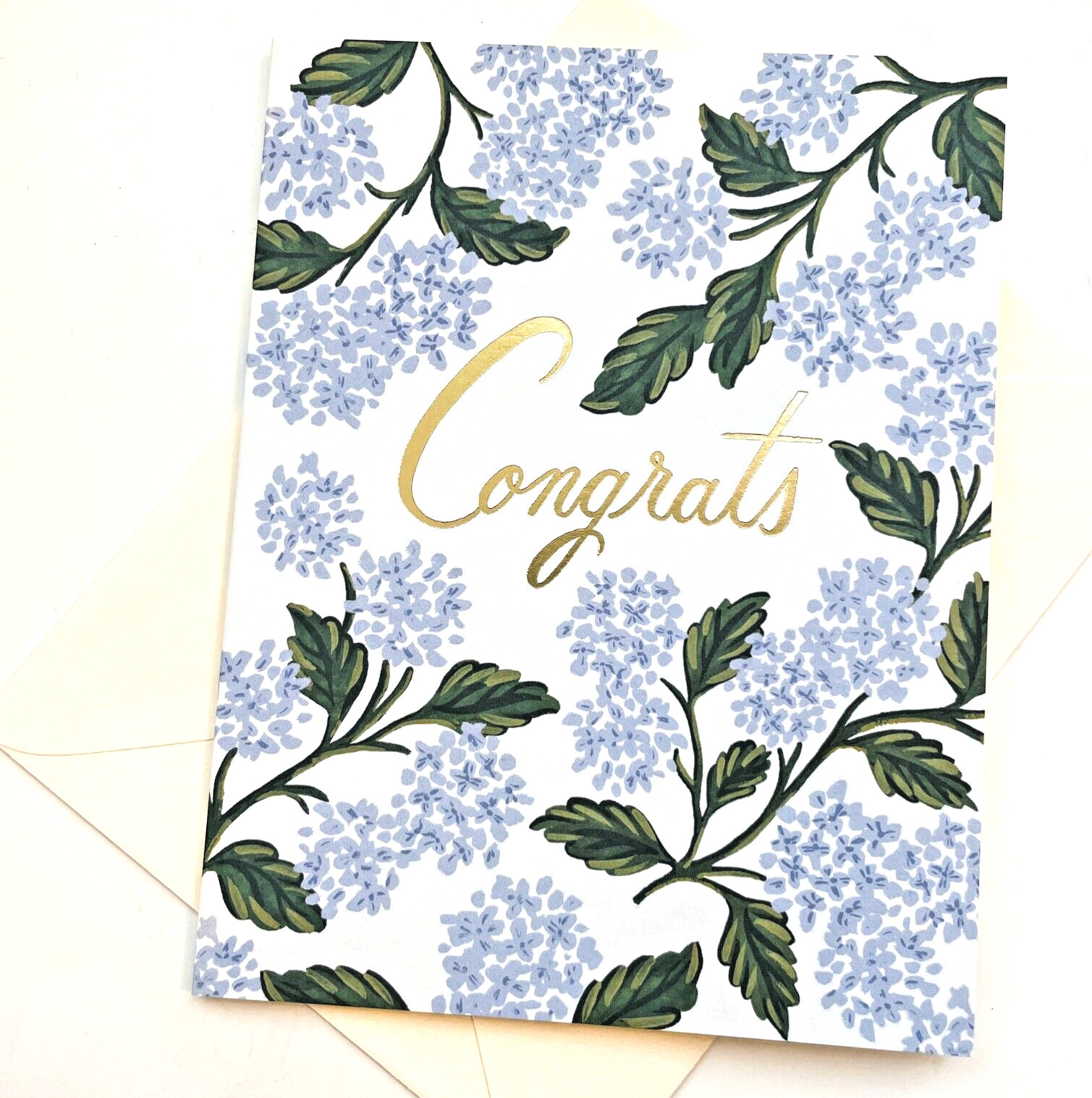 RIFLE PAPER CO. Greeting Card & Envelope – “HYDRANGIA CONGRATS ” Gold, Blank A2