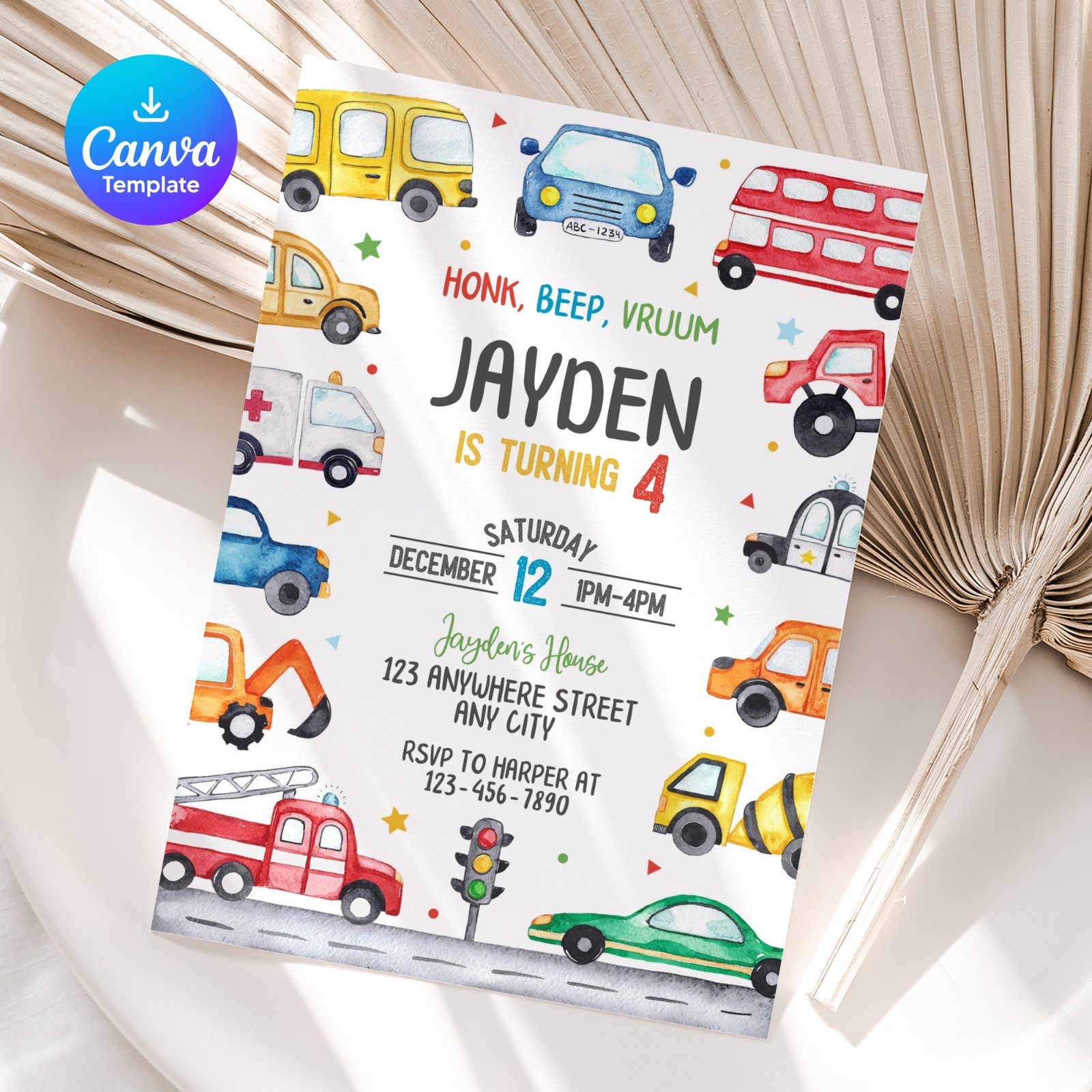 Transportation Birthday Invitation Editable Canva Template Printable 5×7 Digital