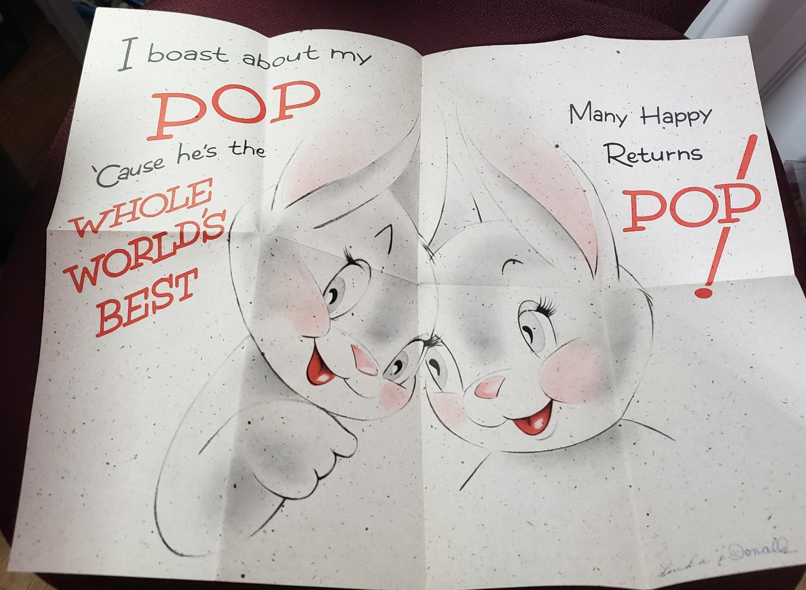 Norcross Best Pop Ever Father’s Birthday Card Bunny Rabbits Used Vintage