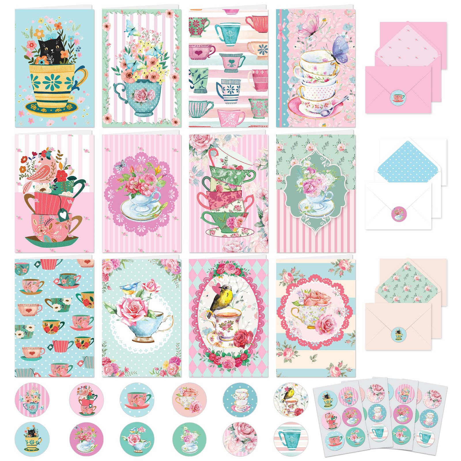 24 Pack 4x6in Tea Cup Note Cards with Envelopes and Stickers, 12 Teacup
