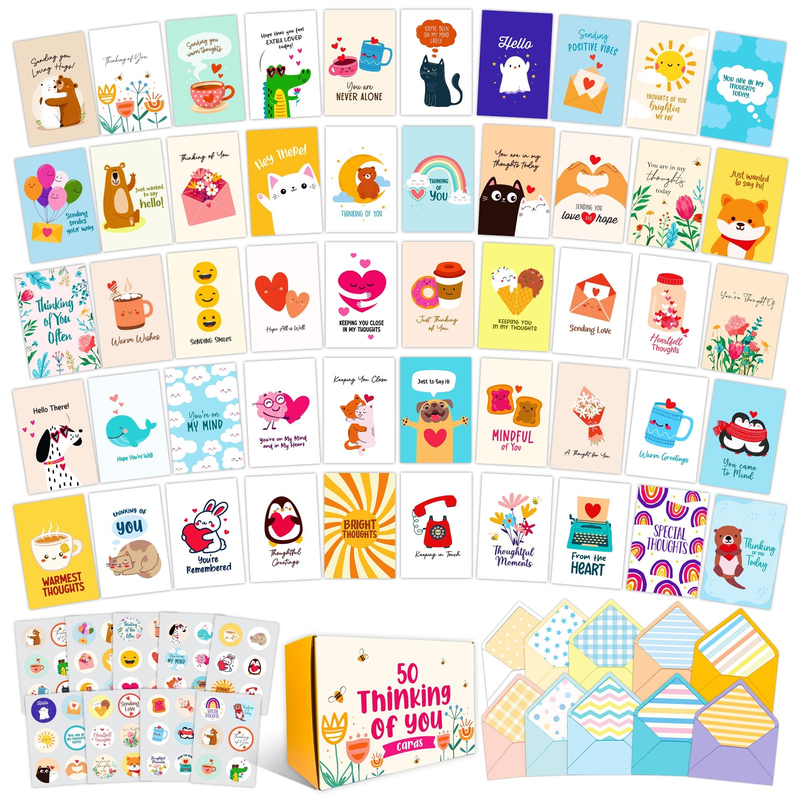 50 Pack 5x7in Assorted Bulk Thinking of You Cards with Envelopes and Stickers…