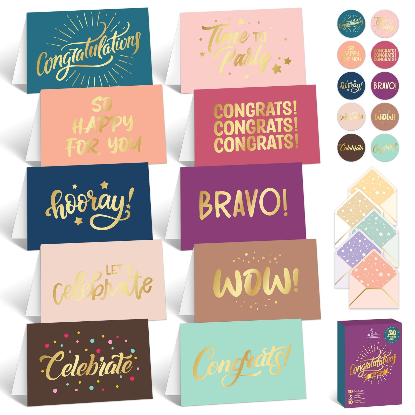 50 Pack GoldFoiled 6x4in Congratulations Cards with Envelopes & Stickers, 10 …