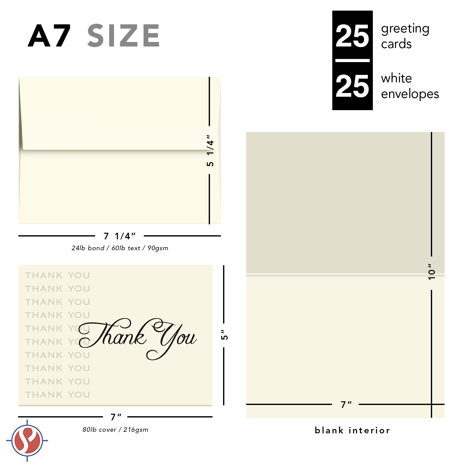 Thank You Greeting Cards and Envelopes, Cream Color, Blank Inside, 25 Per Pack