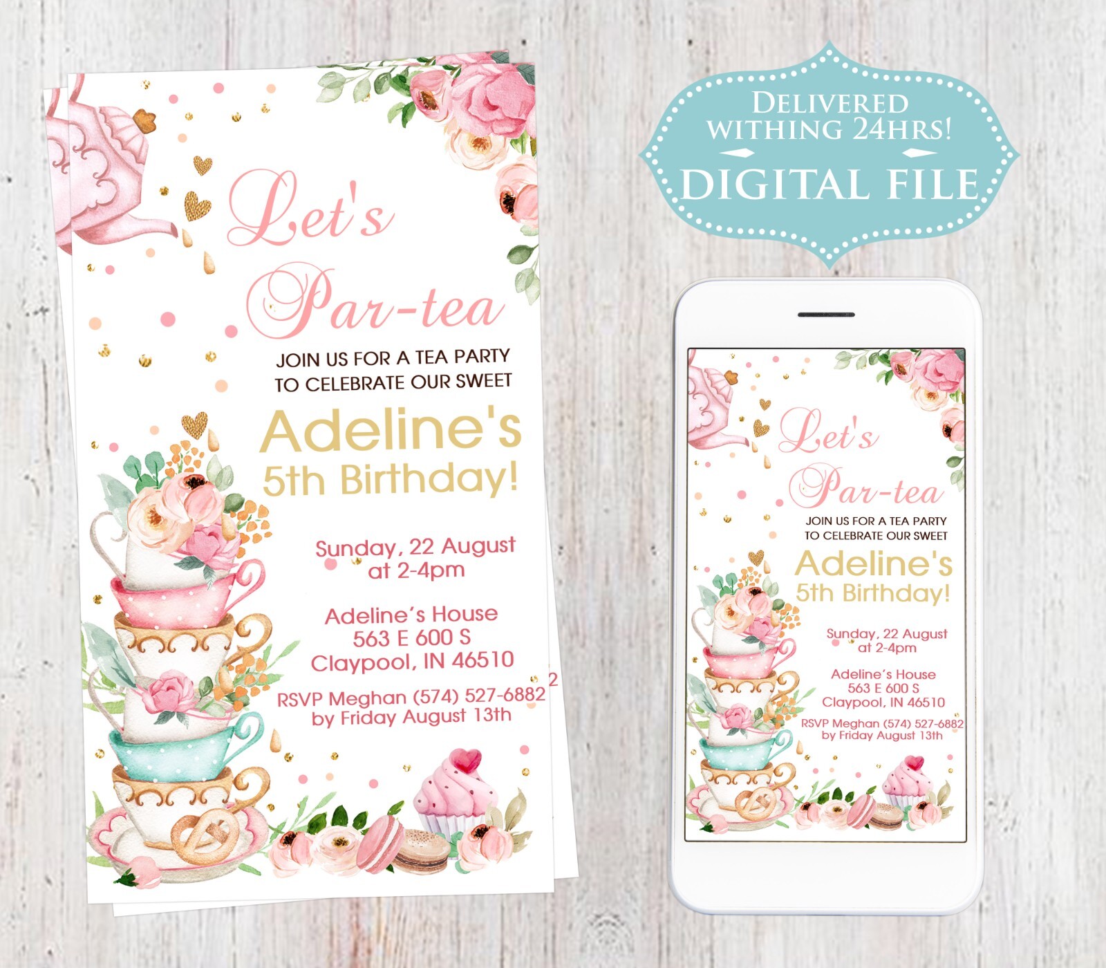 You Print Birthday, Birthday Invitation, Tea Party, Digital File