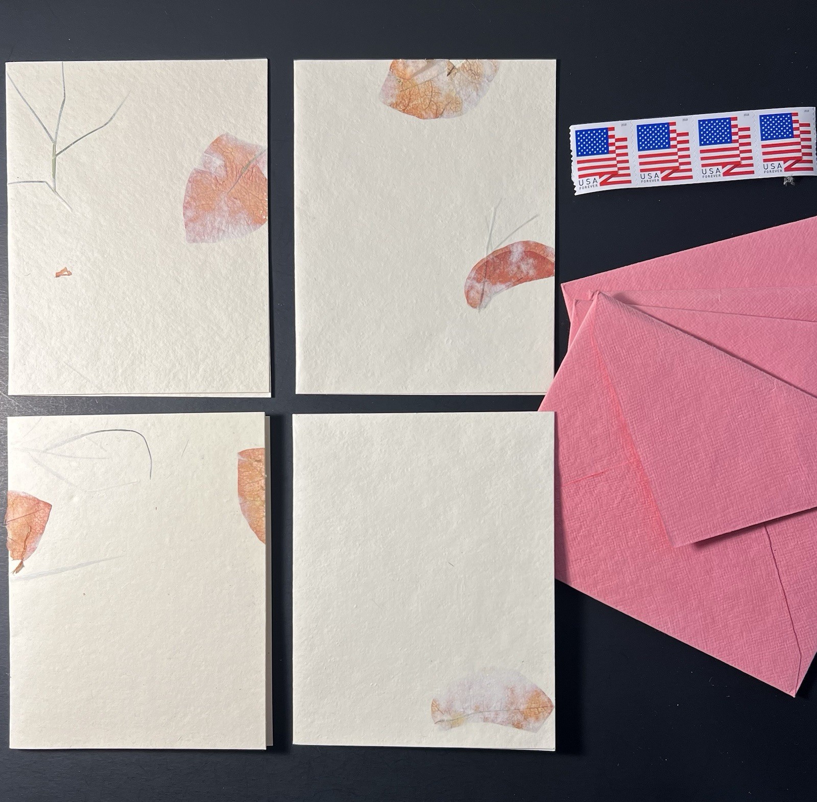Set of 4 handmade NOTECARDS recycled Indian Cotton w/Leaf Design w/Env/Stamps