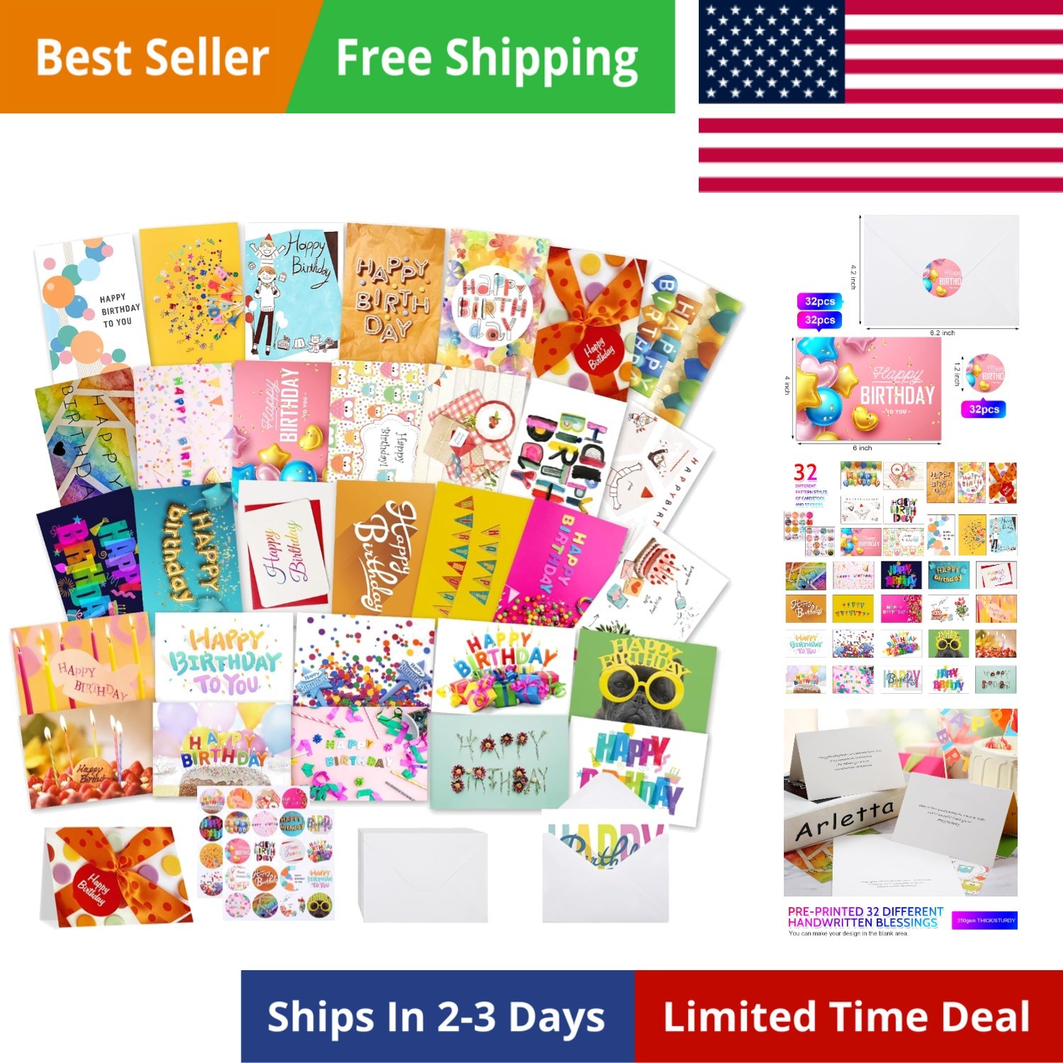 Joyberg 32 PCS Happy Birthday Cards Bulk with Envelopes, 4X6 Assorted Birthday C