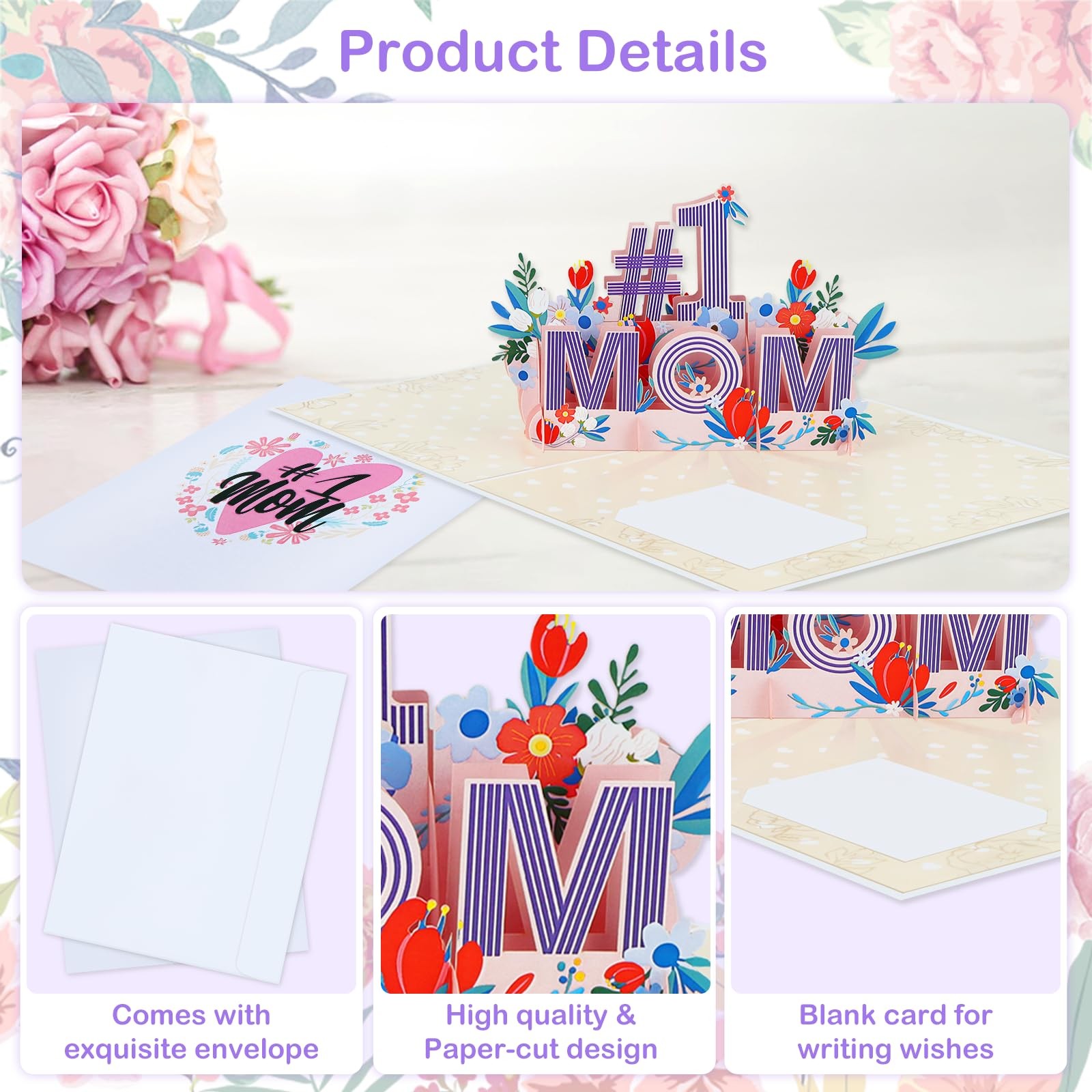 First Mothers Day Card 3D 1st MOM Flower Pop Up Card with Envelope Gift for Mom