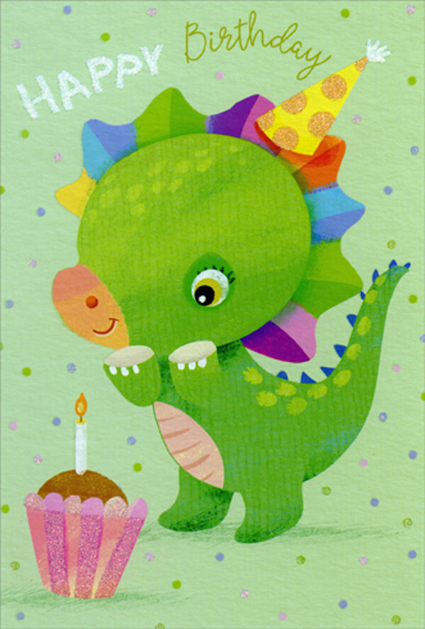 Cute Green Dragon and Cupcake with Candle Birthday Card for Young Child Kid