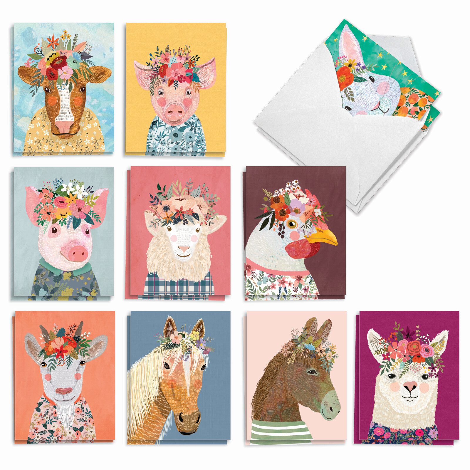 20 Assorted Blank Notecards w/ Envelopes (10 Designs, 2 Each) Farm Animals