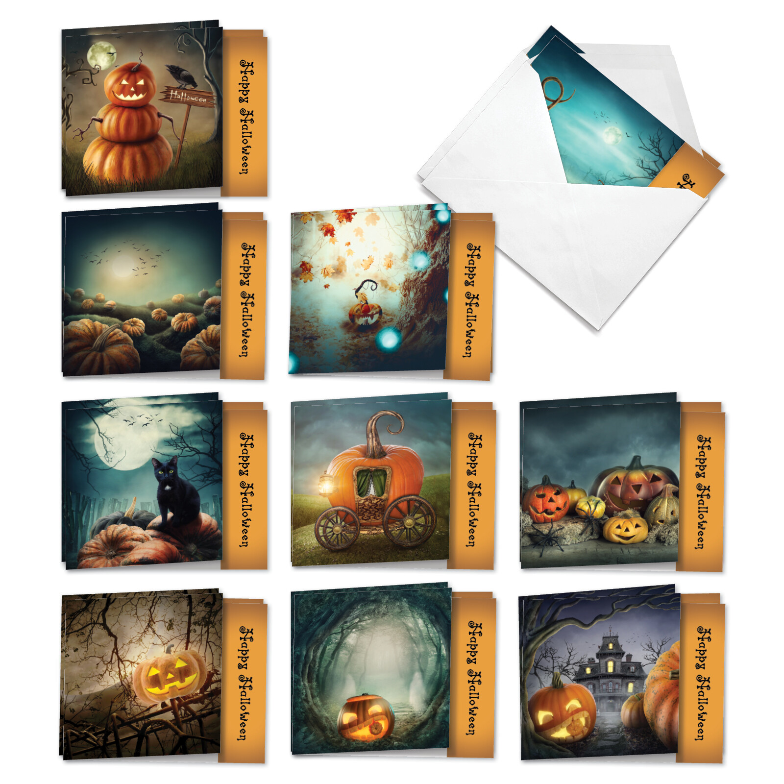20 Halloween Cards (10 Designs, 2 Each) – Spooky Pumpkins AMQ4962HWG-B2x10
