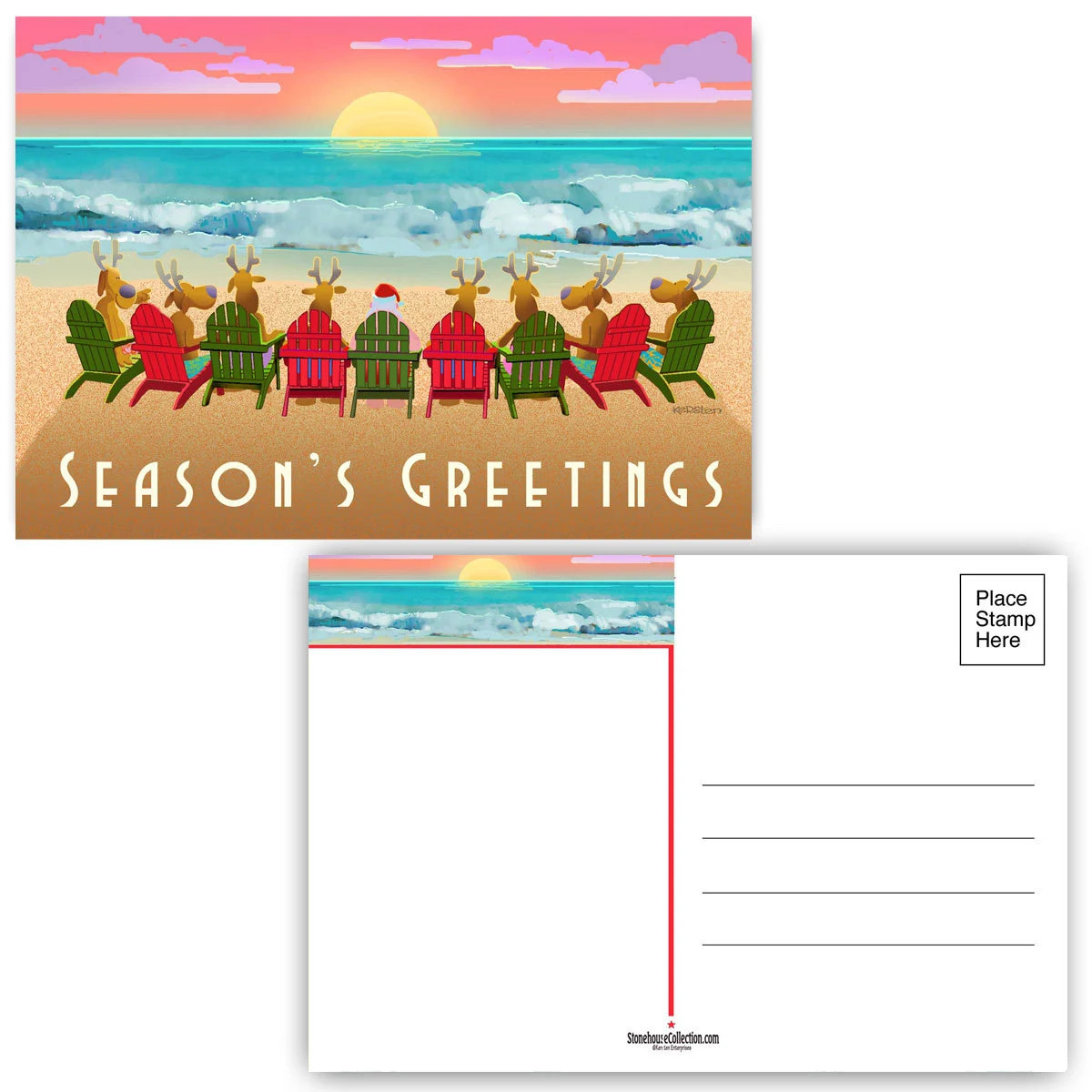 Santa and Reindeer Enjoying the Sunset Christmas Postcard – 40 Holiday – 17111