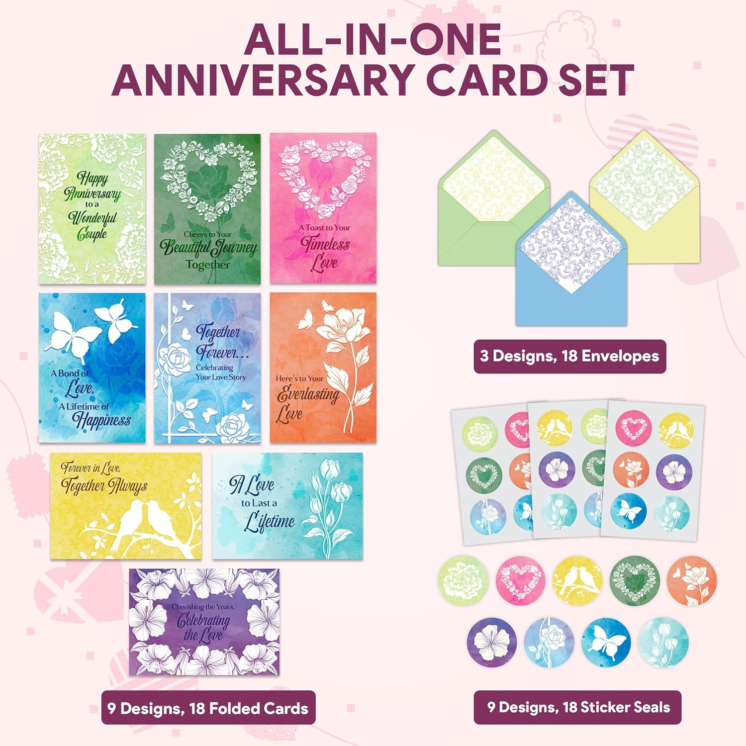 18 Pack Foiled 5X7In Textured Happy Anniversary Cards with Envelopes and Sticker