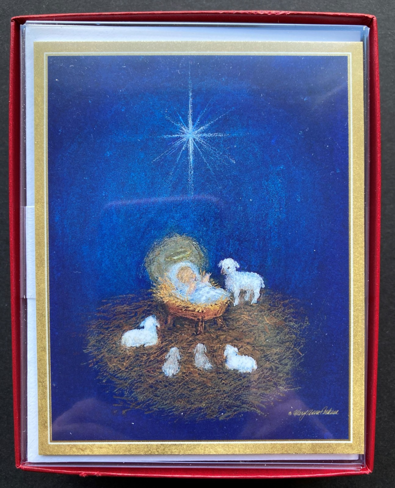 Box of 15 SMALL Caspari Christmas Cards Baby Jesus In Manger Sheep Golf Foil