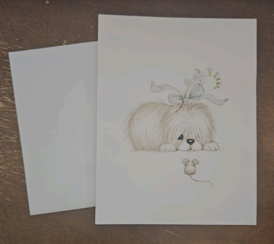 Vintage Hallmark blank notecard with puppy and mouse, Hallmark puppy mouse card