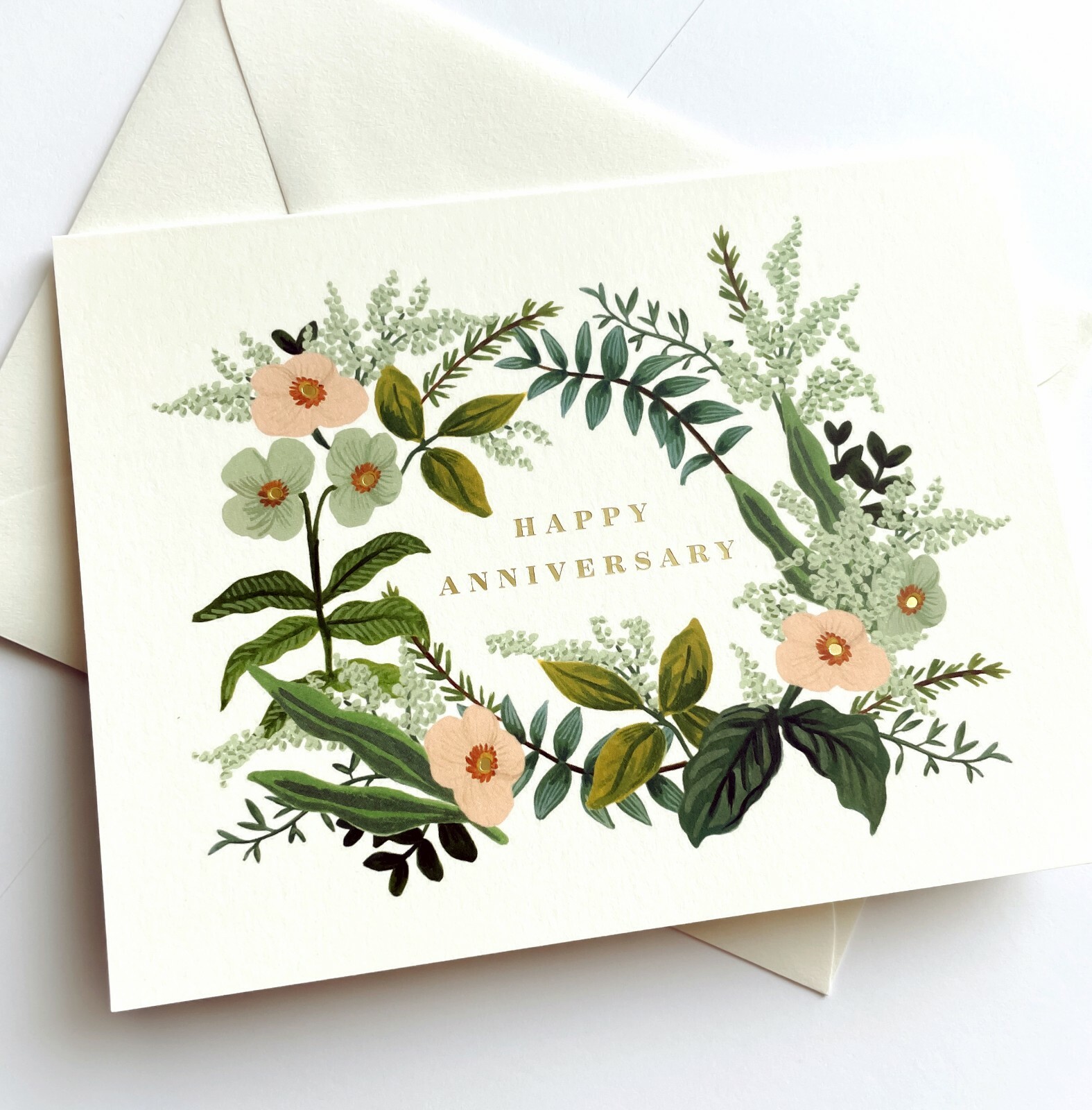 RIFLE PAPER CO. Greeting Card & Envelope – “ANNIVERSARY BOUQUET” Gold (Blank A2)