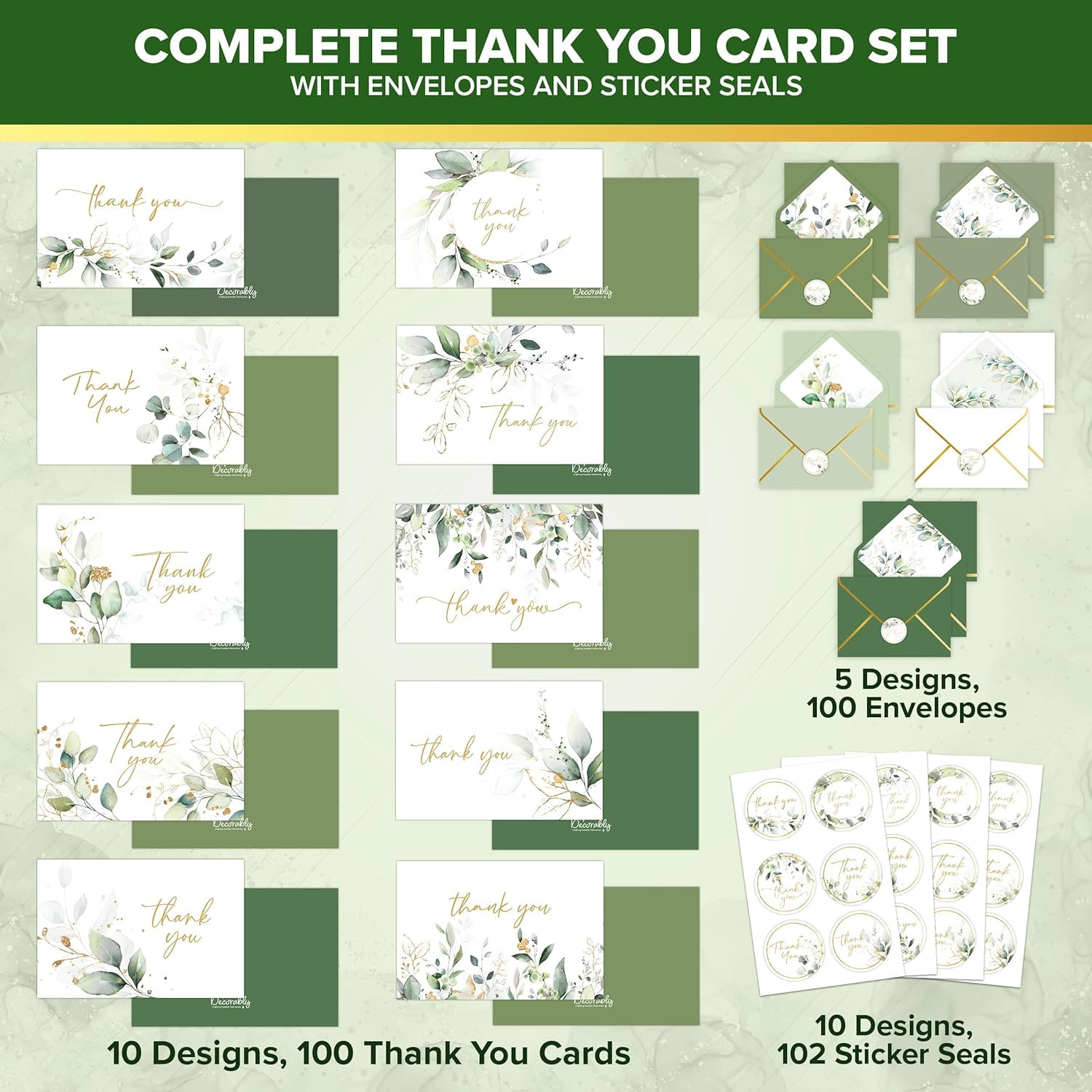6X4In Sage Green Thank You Cards with Envelopes, 10 Elegant Designs for Parties