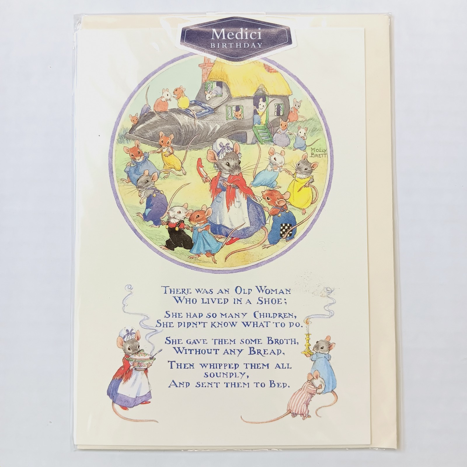 Medici Molly Brett Birthday Card Old Woman Who Lived In A Shoe 6.75″ x 4.75″
