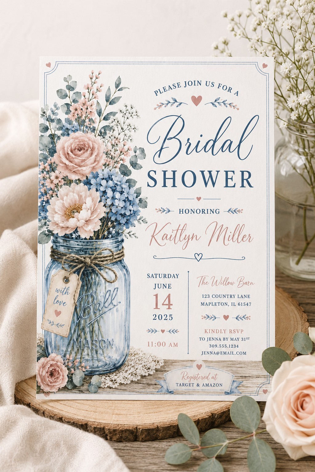 Printed Bridal Shower Invitations 25 w/ Envelopes | Rustic Mason Jar Floral