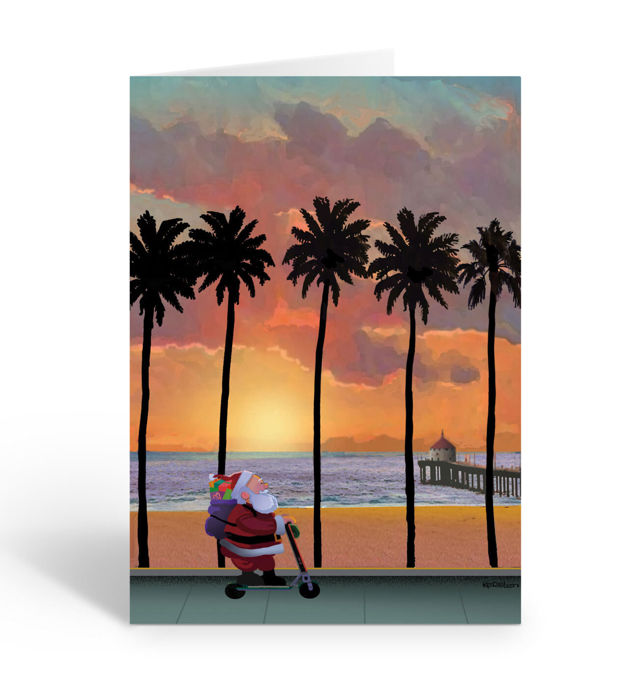 Santa on the Boardwalk During Sunset Time – 18 Holiday Cards -30091