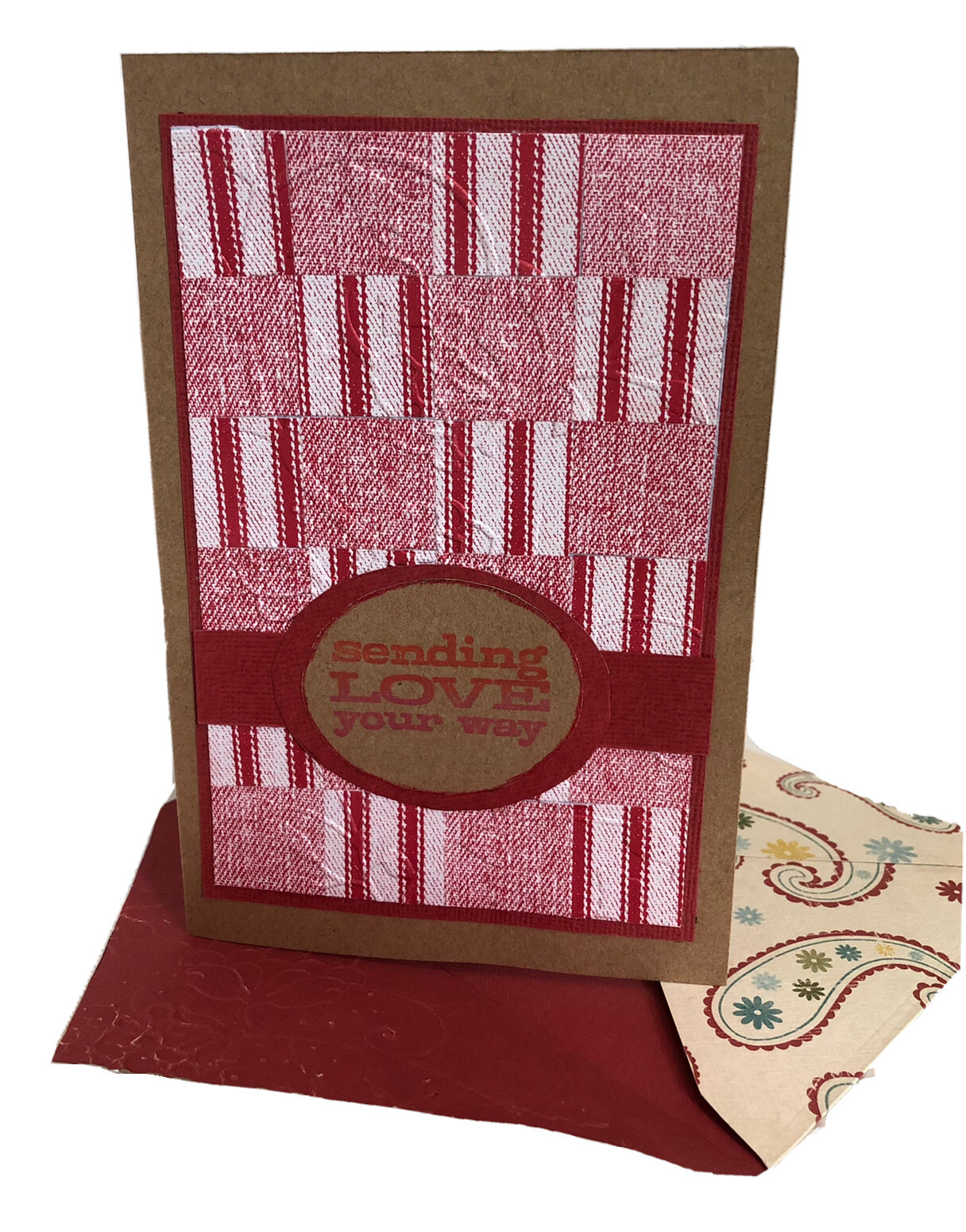 Handmade Greeting Card SENDING LOVE YOUR WAY Red Patchwork Reusable Embossed