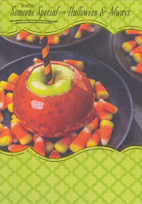 Caramel Apple and Candy Corn in Dish Halloween Card for Someone Special