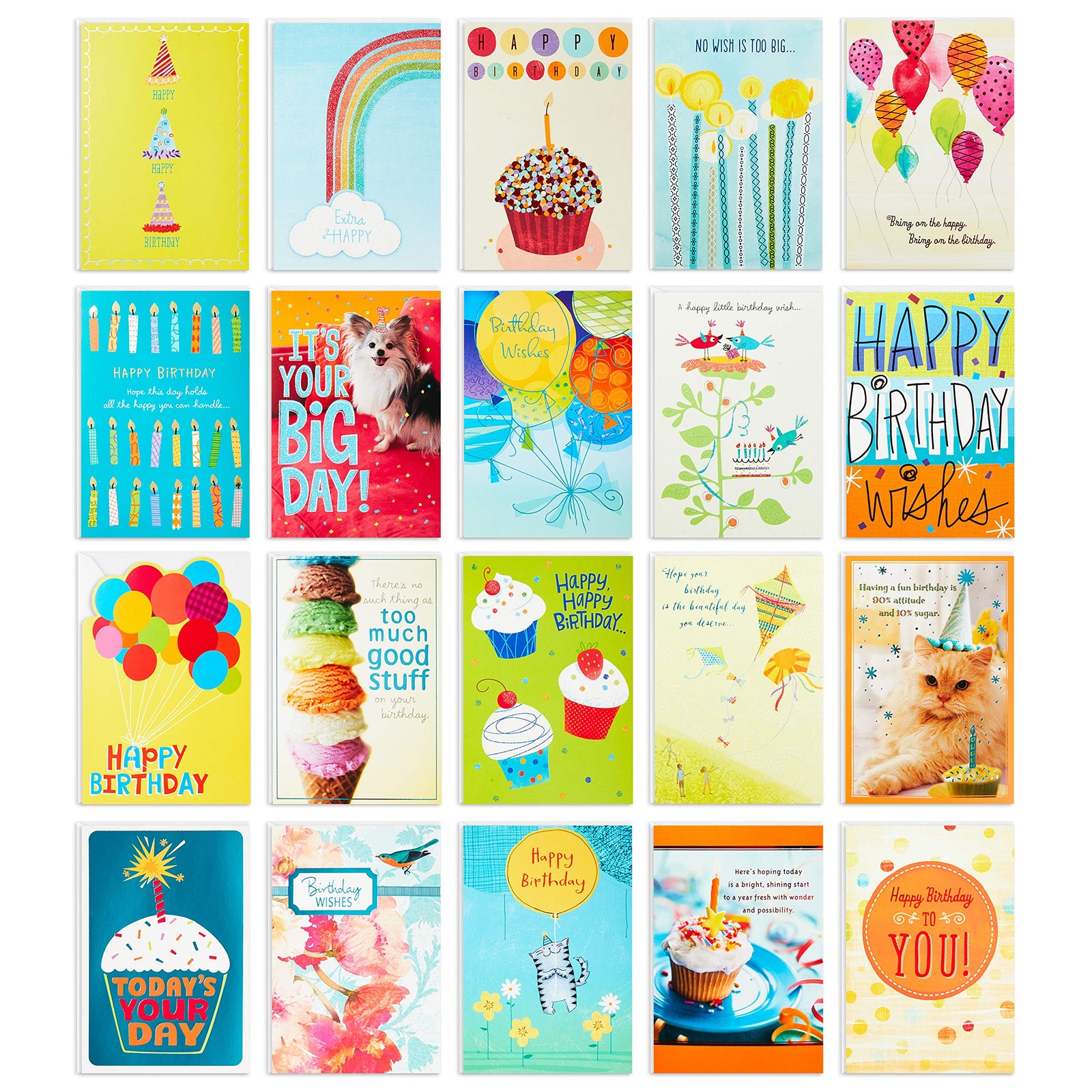 20 Multicolor Birthday Greeting Cards Set with Envelopes Fun Designs 5x7inch