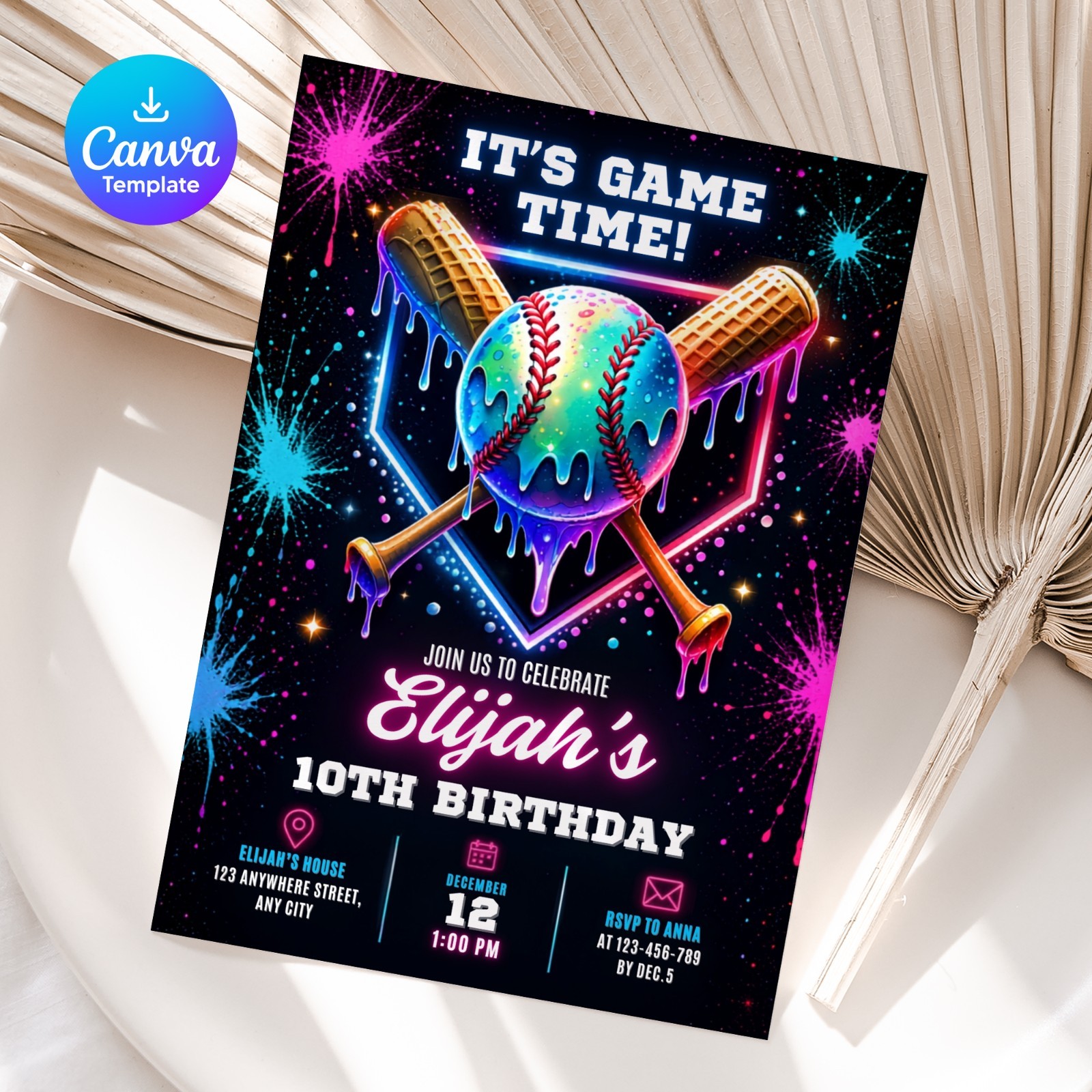 Baseball Drip Birthday Invitation Editable Canva Template Printable 5×7