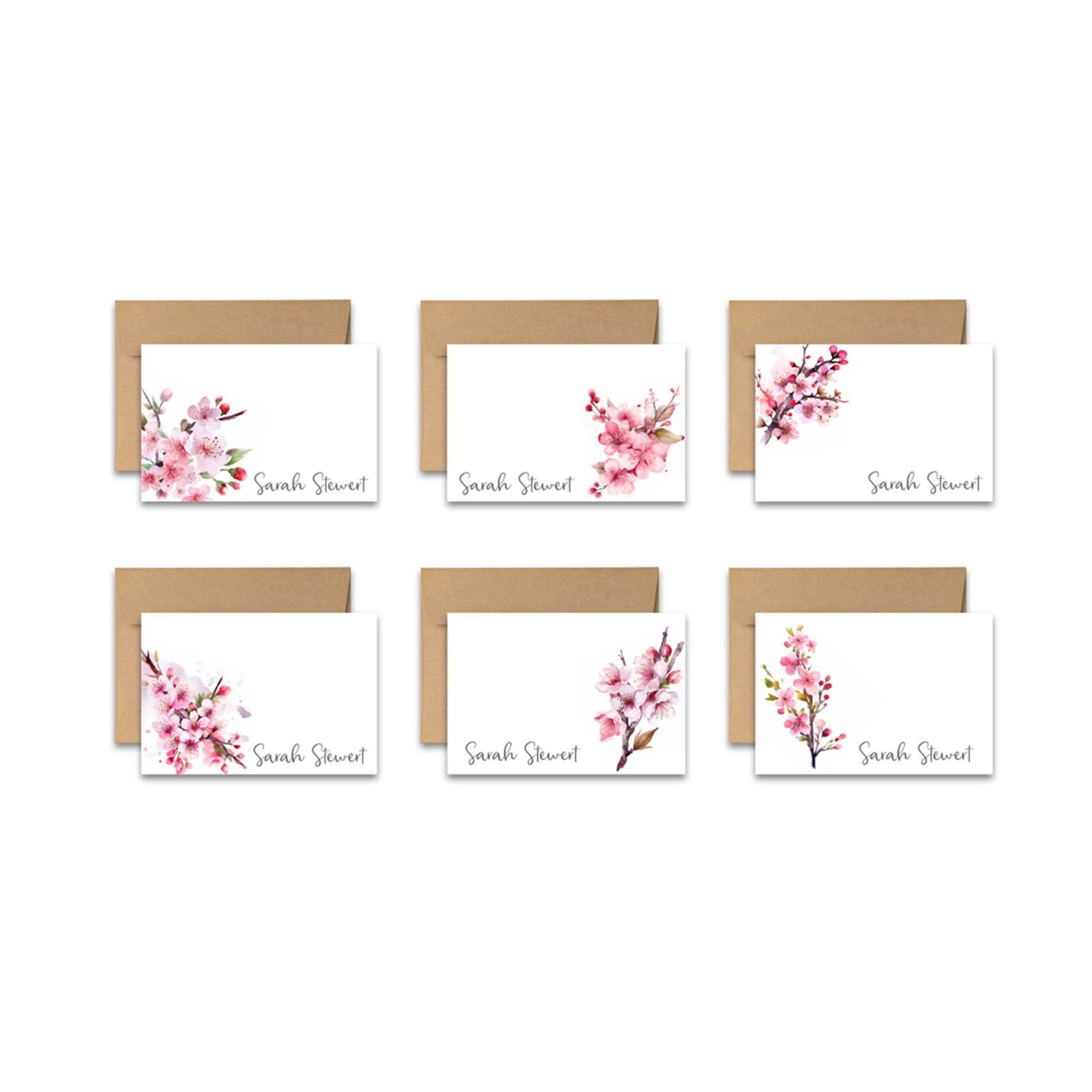 12 PERSONALIZED Flat Note card Floral Stationery with Envelopes – Cherry Blossom