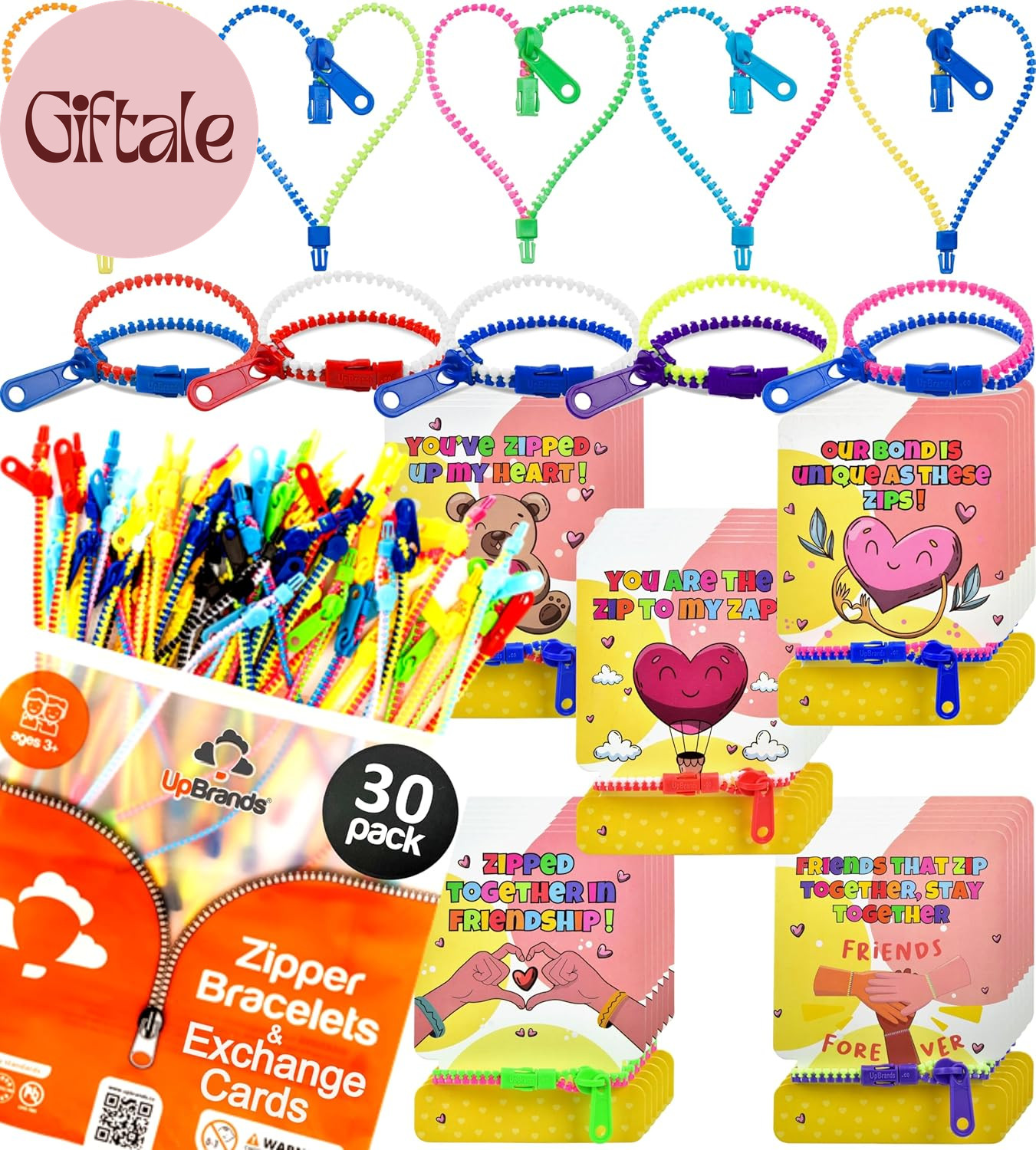 30 Valentine’S Day Cards for Kids School & Fidget Zipper Bracelets Party Favors