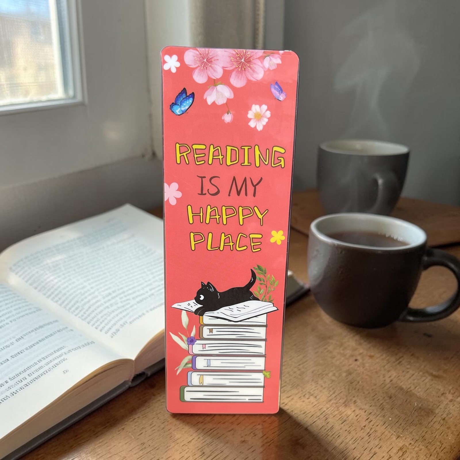 Cute Cat Bookmark “Reading Is My Happy Place” Laminated Book Lover Gift