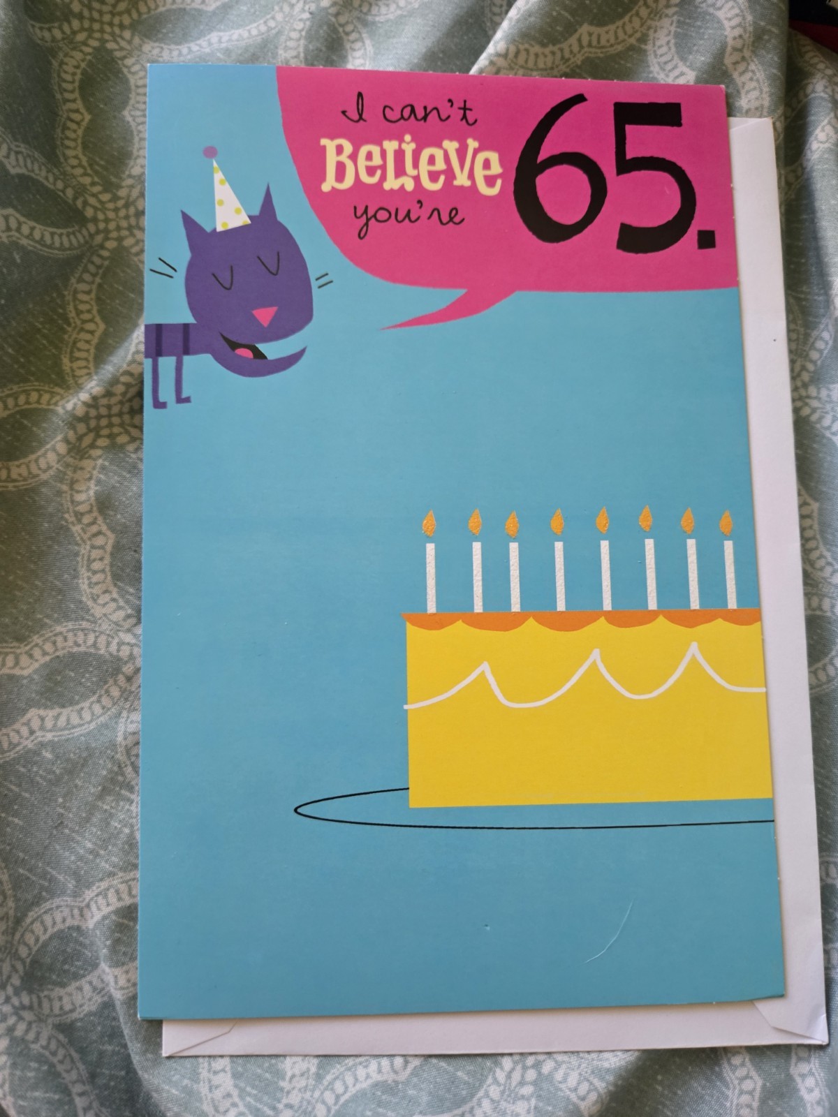 Funny 65th Birthday Card Cat & Cake Senior Discount Joke Humor Adult Greeting