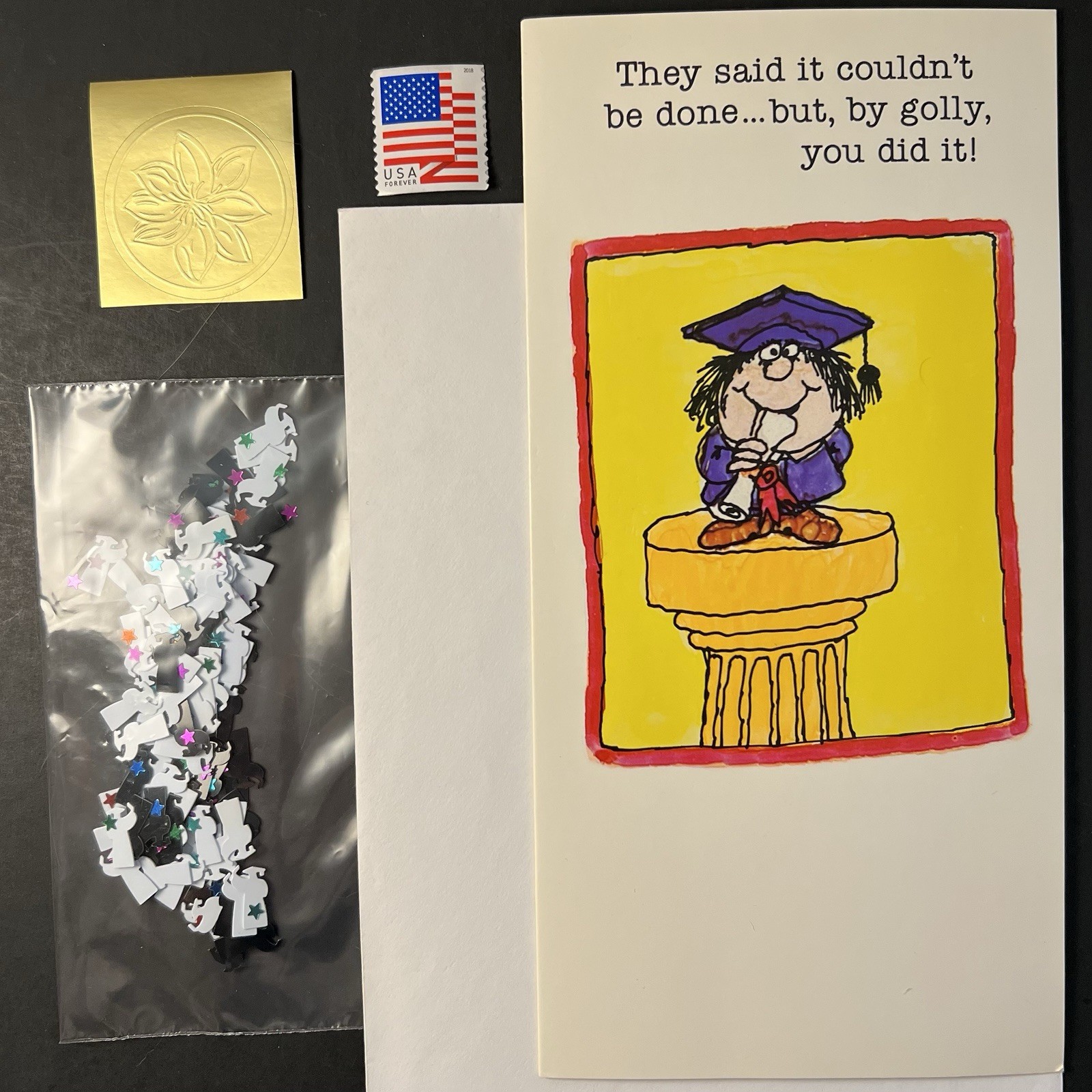 Funny HS or College GRADUATION Card w/Confetti “You Did It!” w/Env/Seal/Stamp