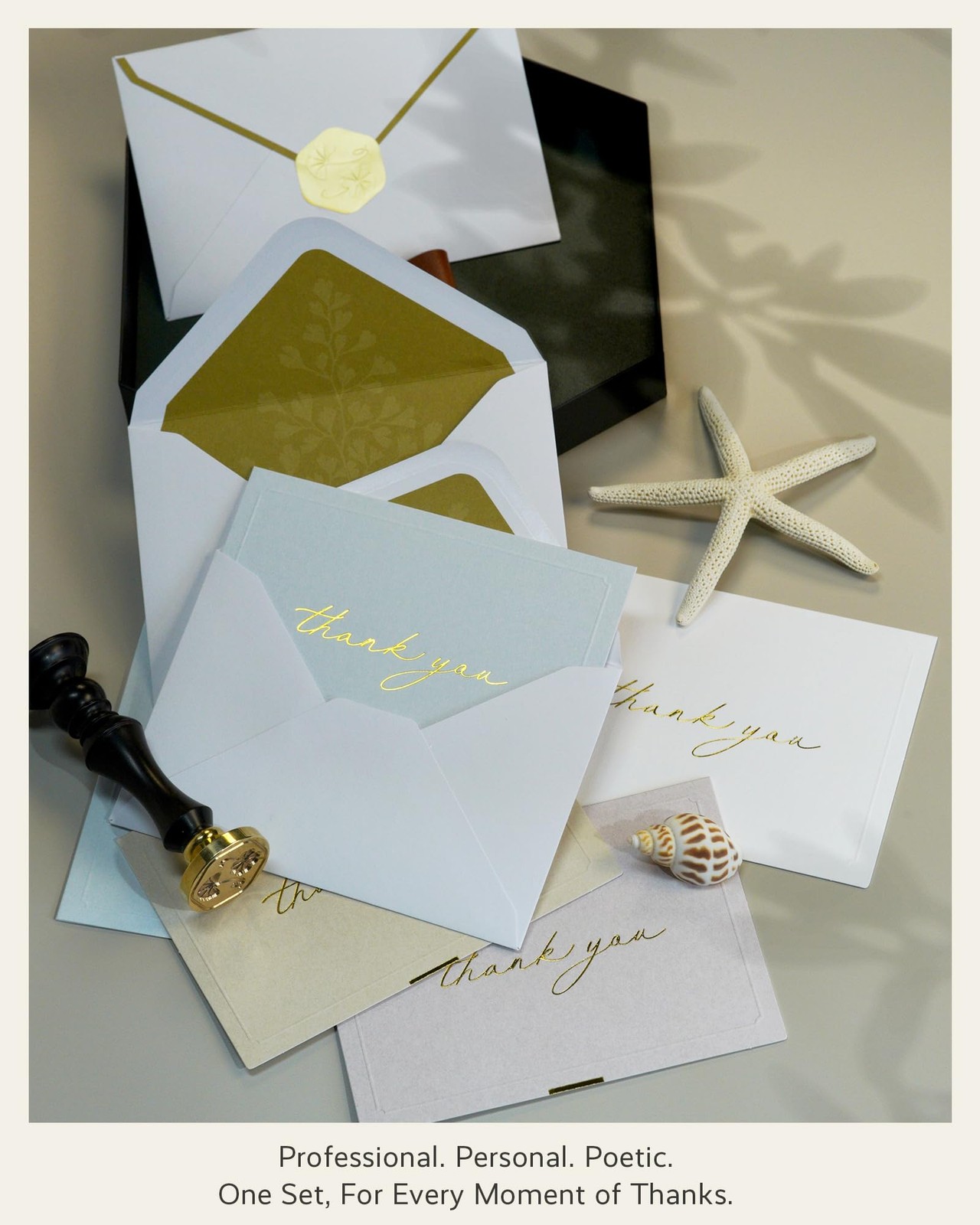 Gold Foil Thank You Cards Envelopes Bulk 32-Pack Embossed Notes 4 Colors Seal