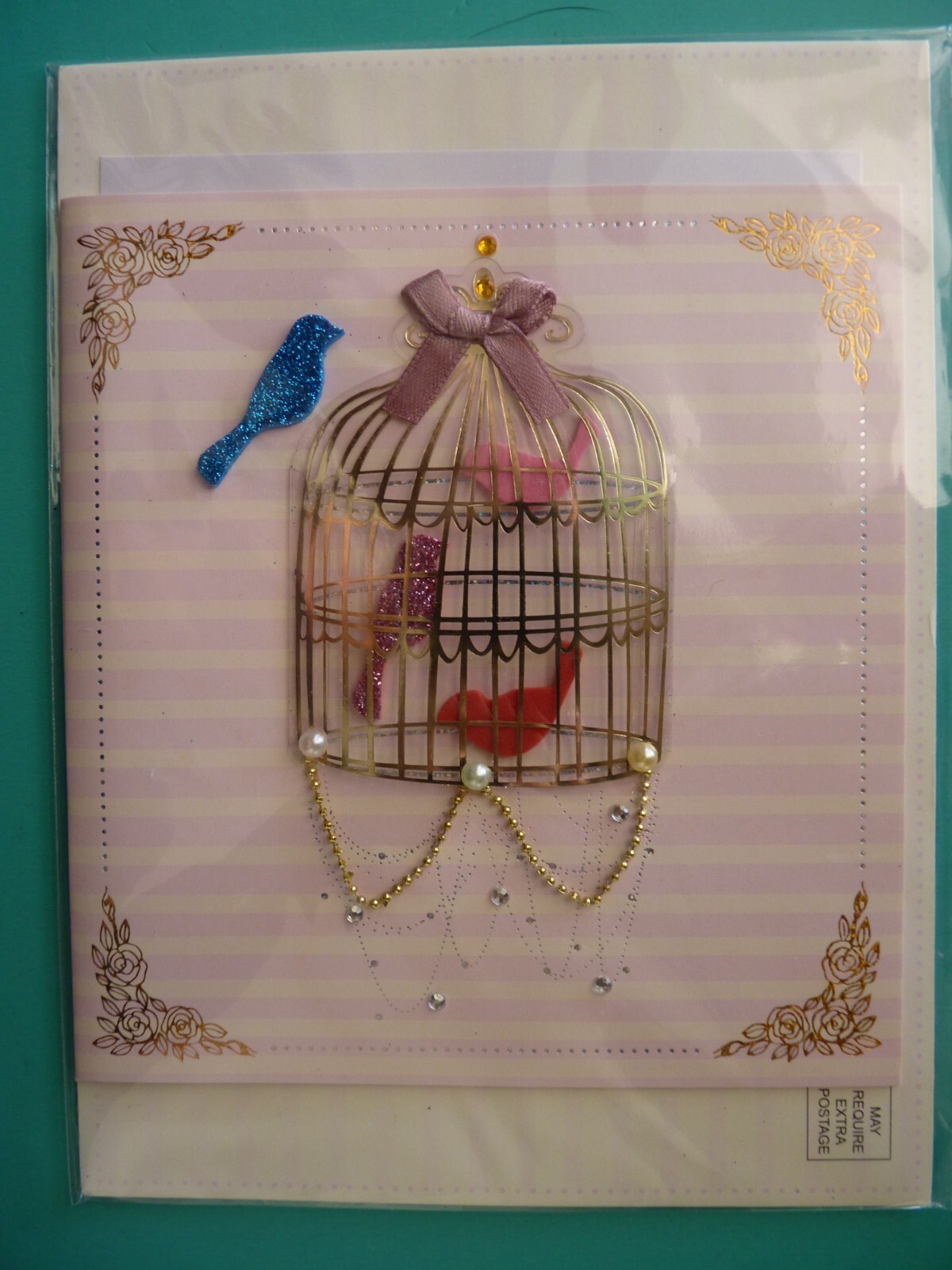 Any Occasion Greeting Card For Anyone 3-D Embellished Burgoyne Birds in Birdcage