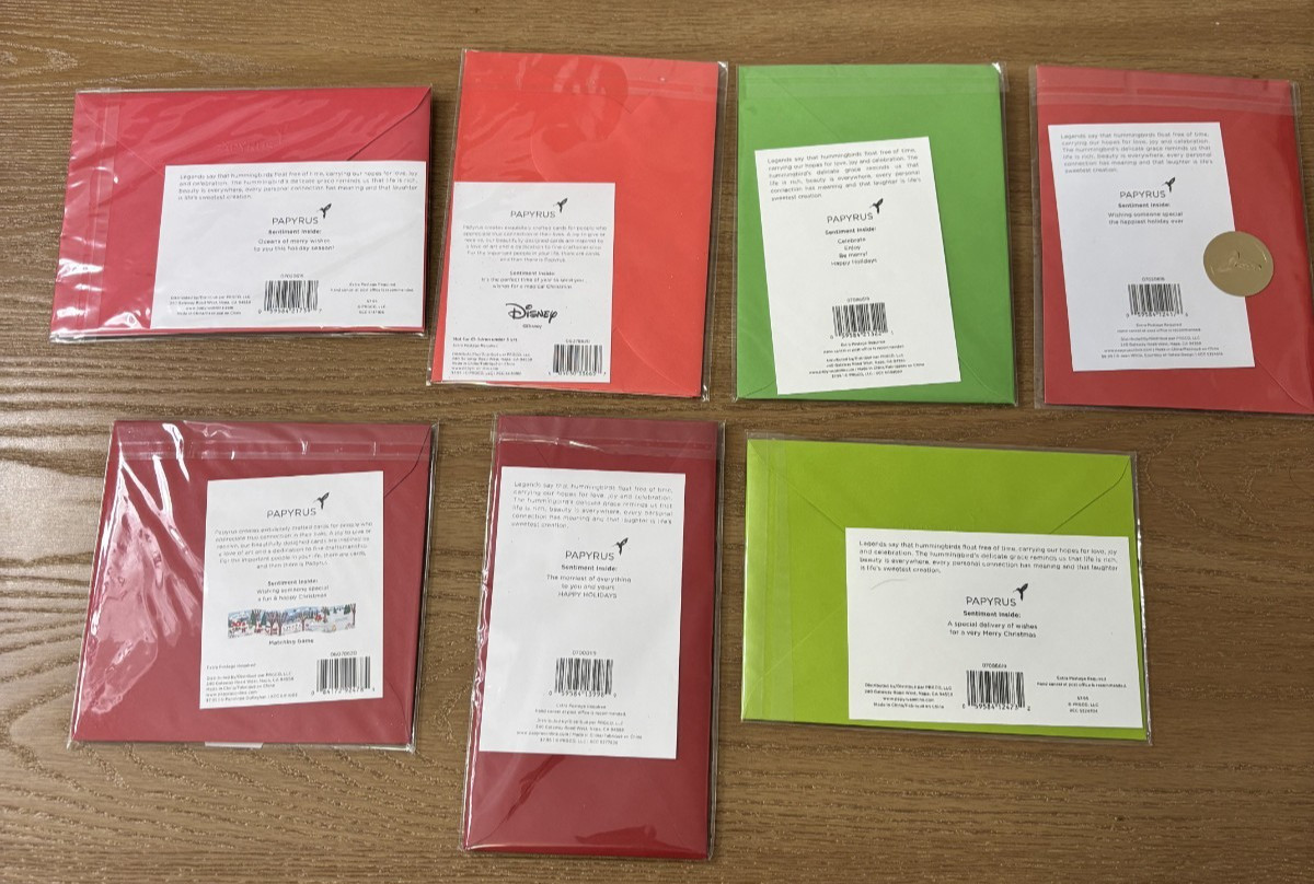 Lot of 7 PAPYRUS Christmas Cards Assorted w/DISNEY Glitter Foil Envelopes NEW