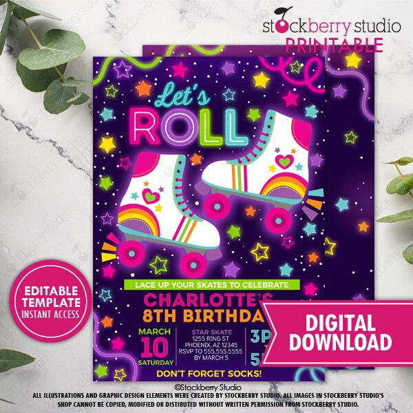 Glow Roller Skate Birthday Invitation Girl Neon Rainbow Skating Invite